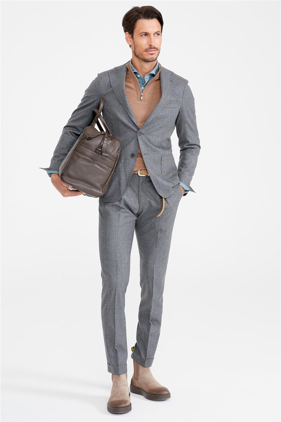 Gri Bakır Kareli Yün Takım Elbise - Image 5