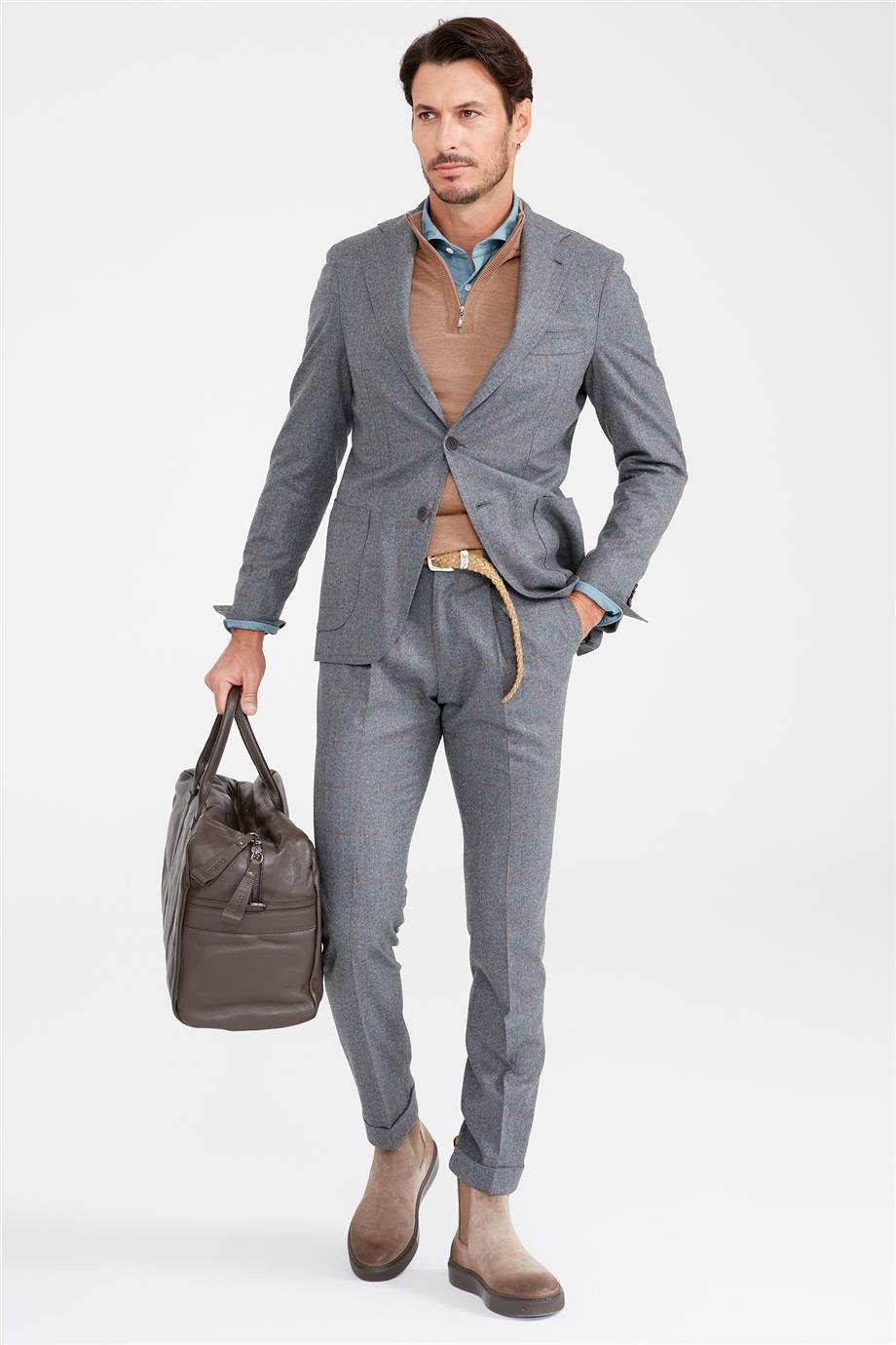 Gri Bakır Kareli Yün Takım Elbise - Image 1