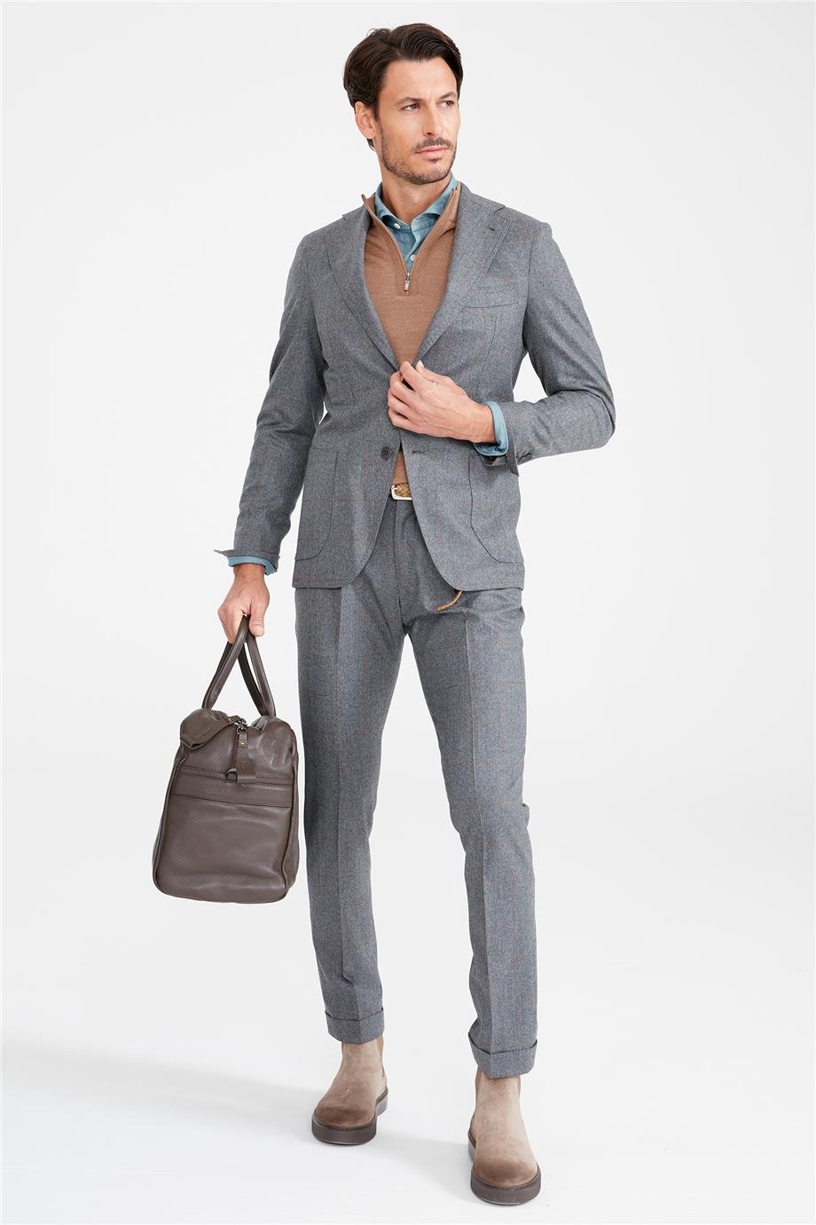 Gri Bakır Kareli Yün Takım Elbise - Image 4