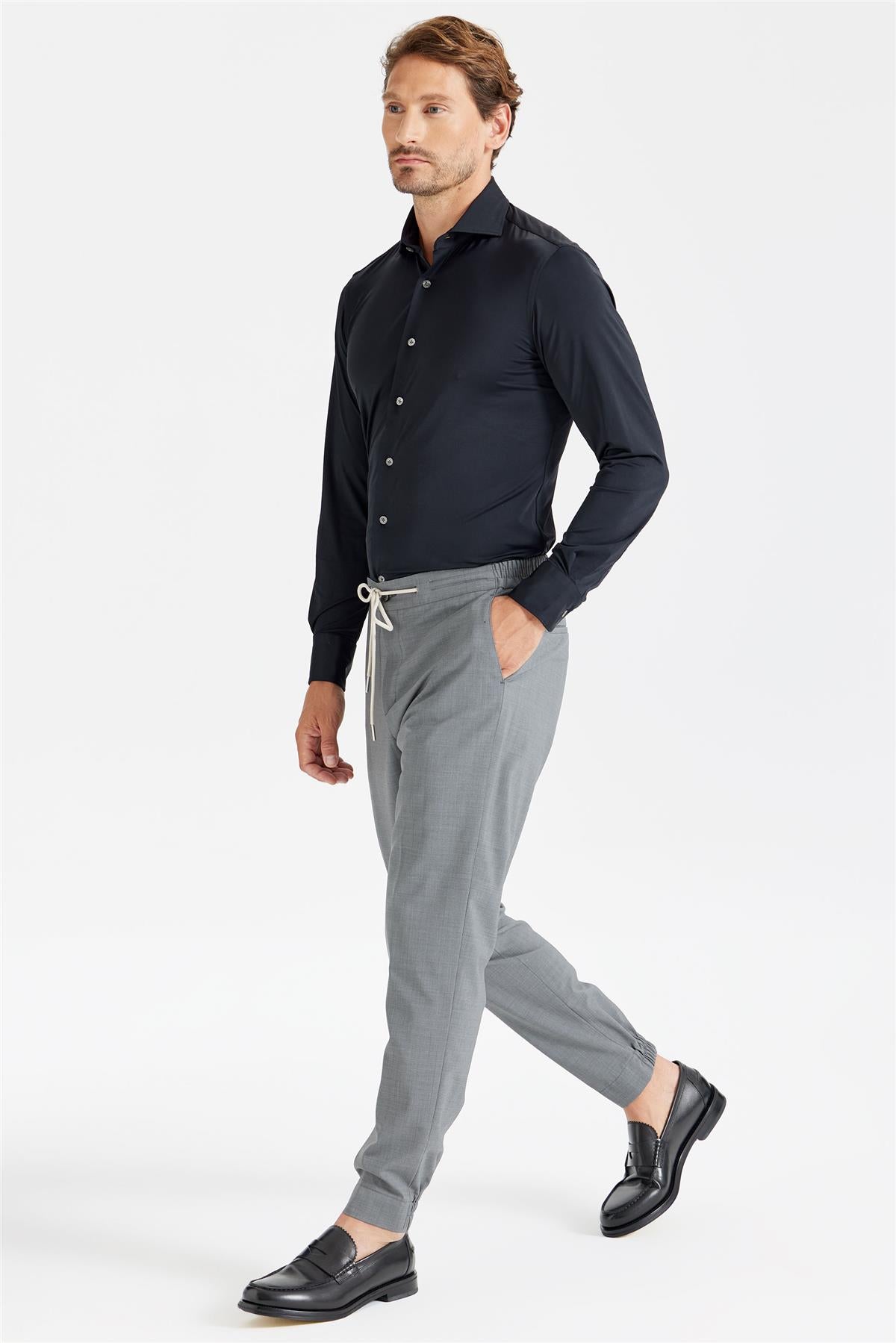 Gri Beli Kordonlu Yün Pantolon - 3