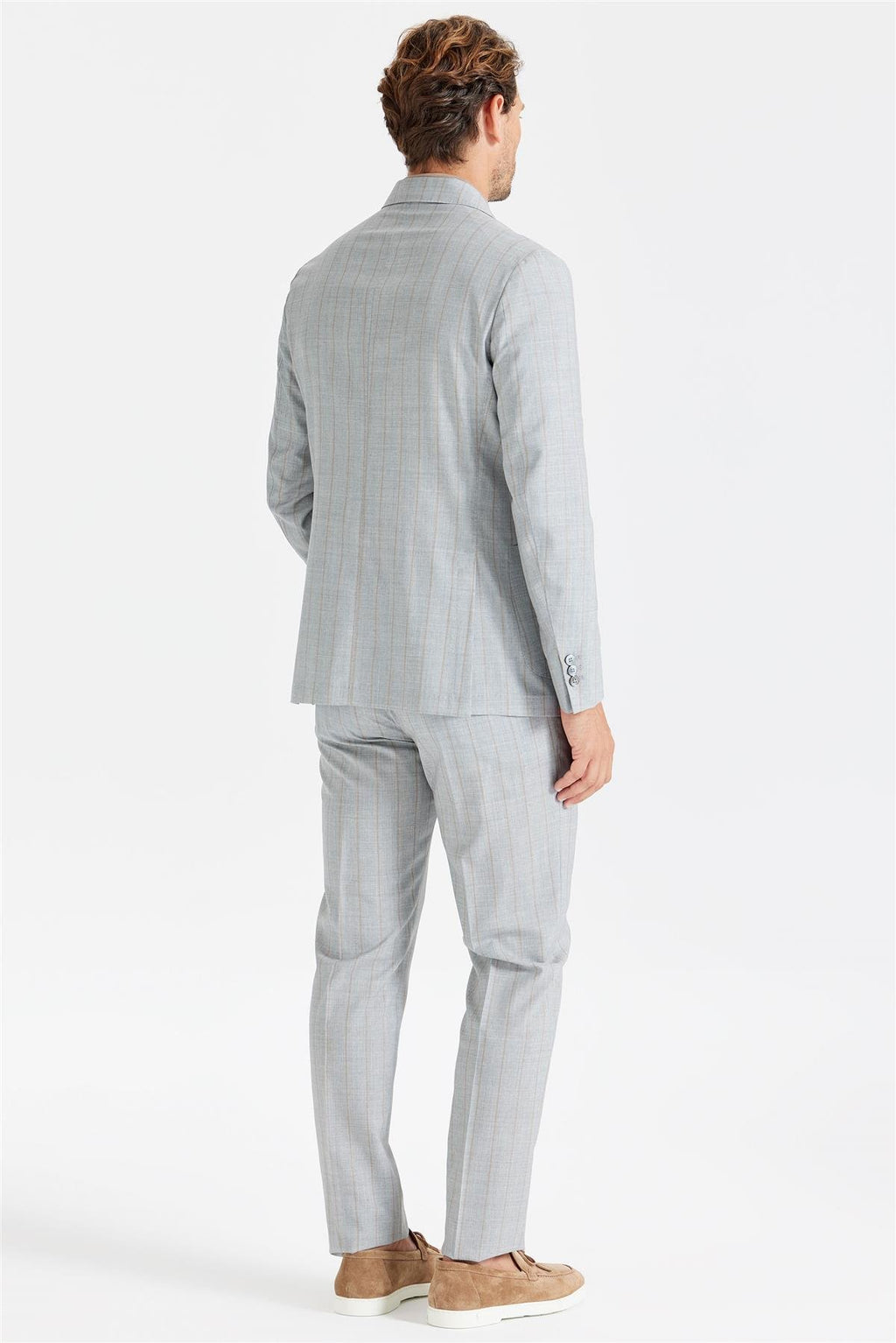 Gri Kahve Çizgili Yün İpek Takım Elbise - Image 2