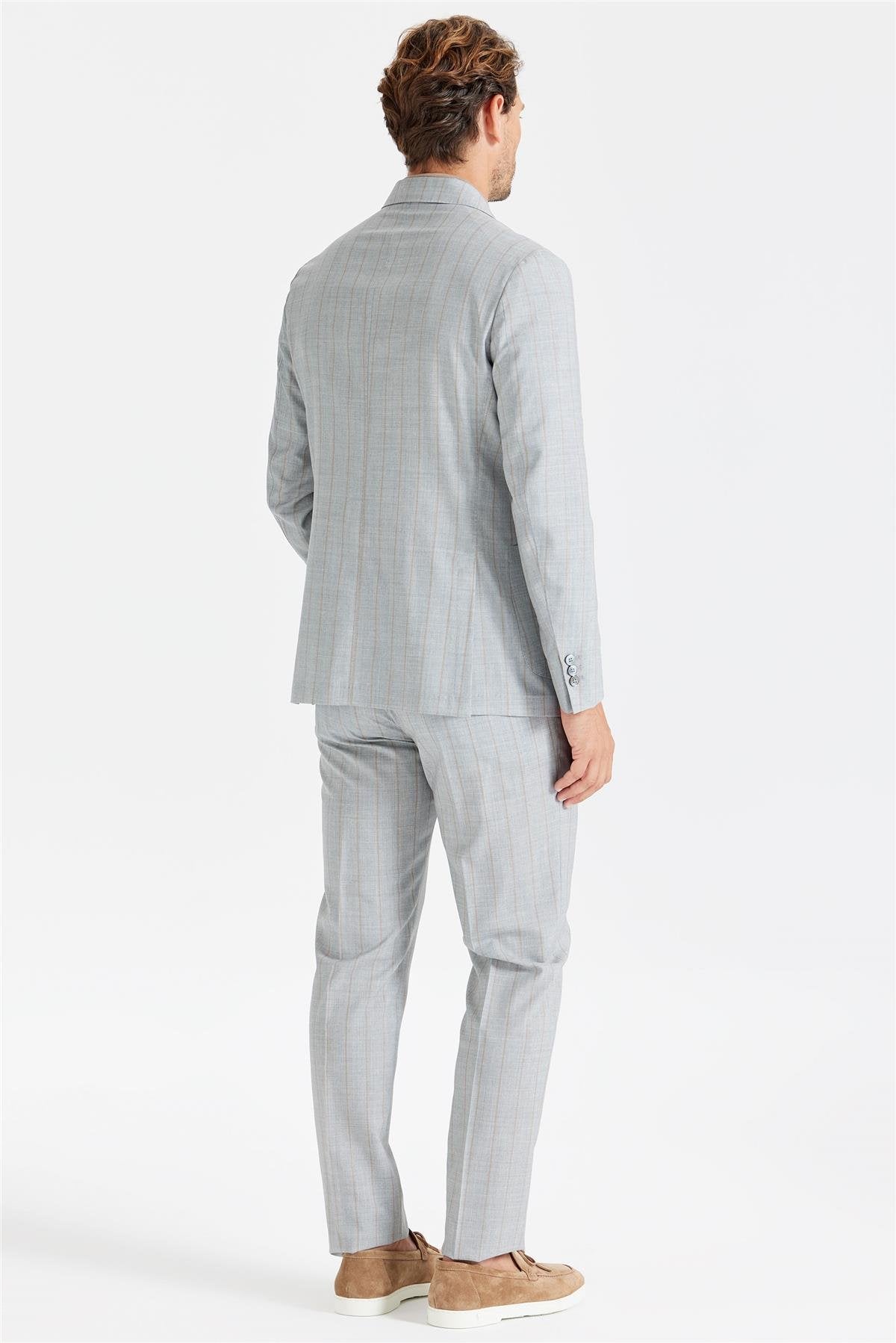 Gri Kahve Çizgili Yün İpek Takım Elbise - Image 2