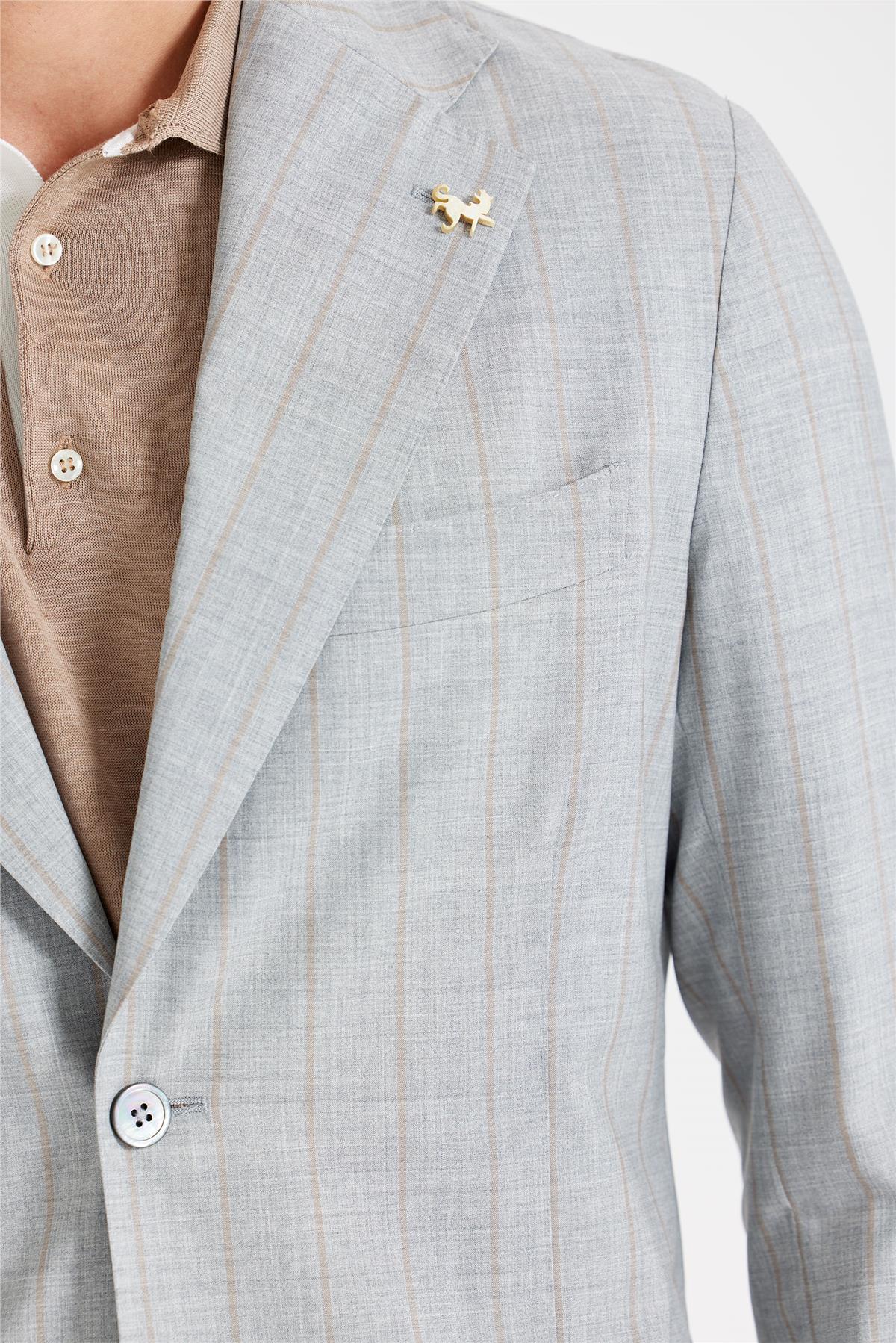 Gri Kahve Çizgili Yün İpek Takım Elbise - Image 3