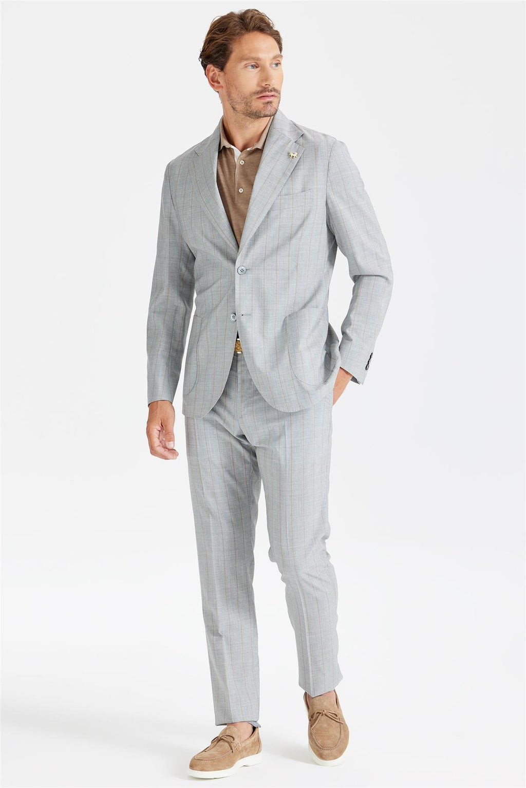 Gri Kahve Çizgili Yün İpek Takım Elbise - Image 1