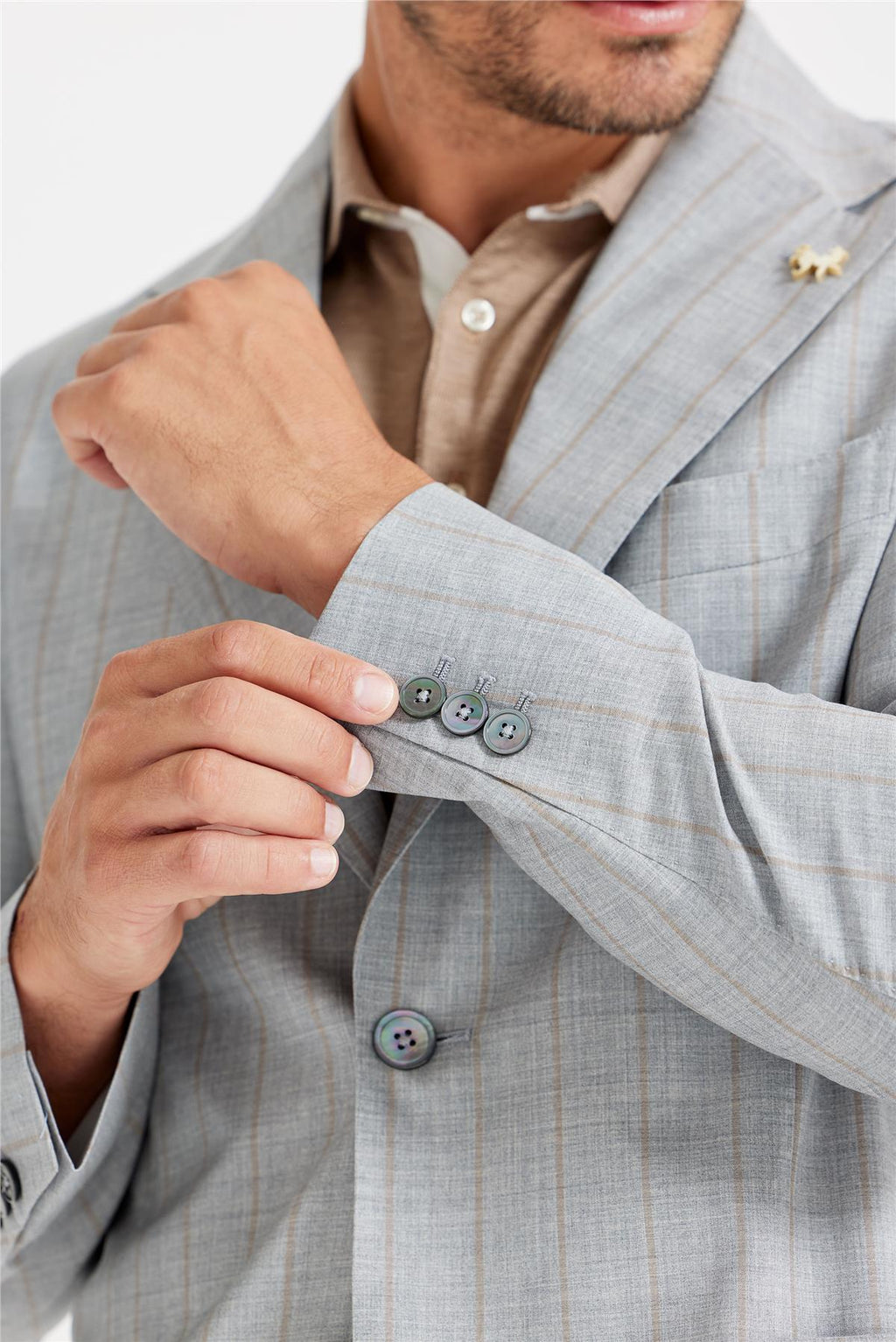 Gri Kahve Çizgili Yün İpek Takım Elbise - Image 4