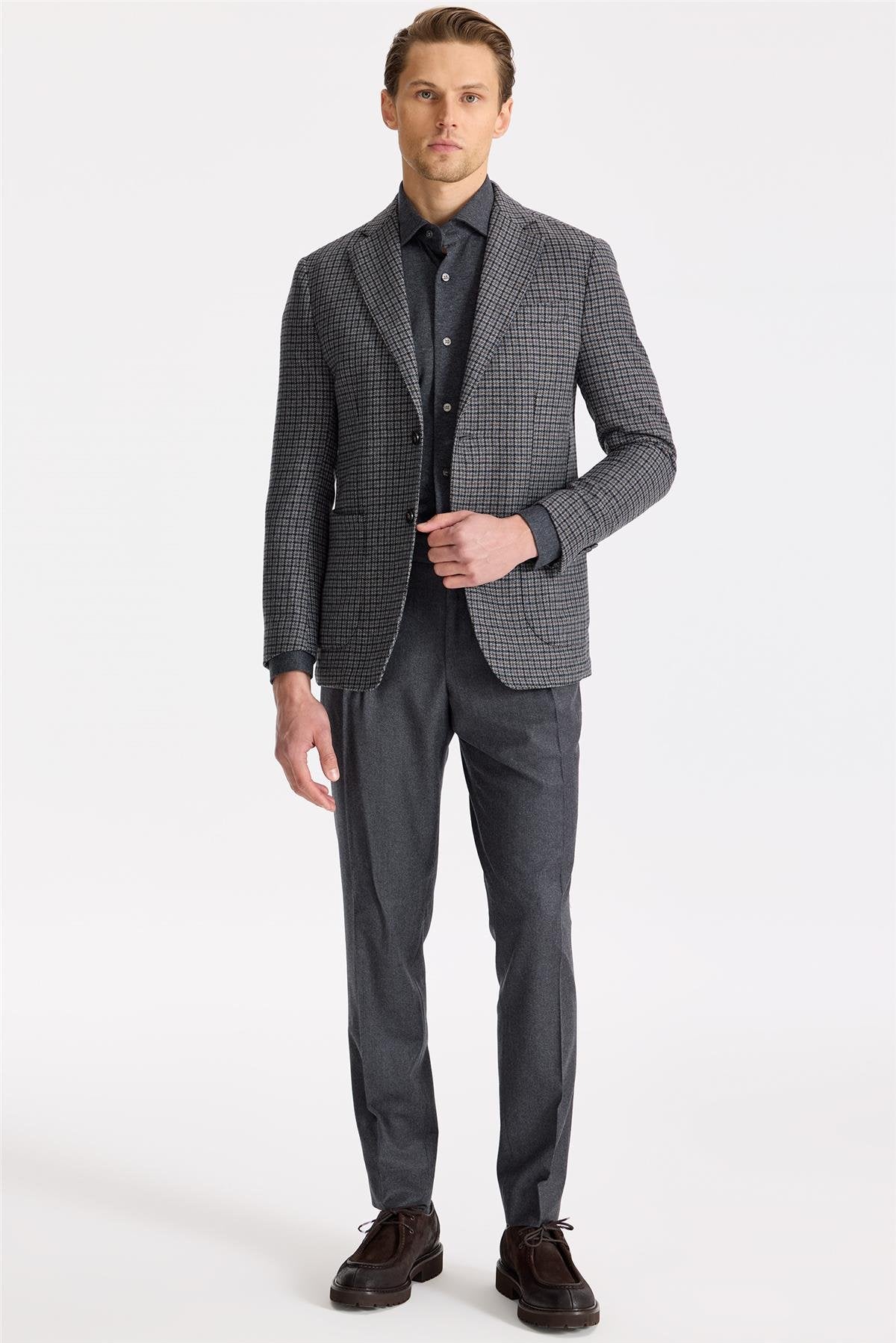 Gri Kahverengi Kareli Yün Ceket - Image 4