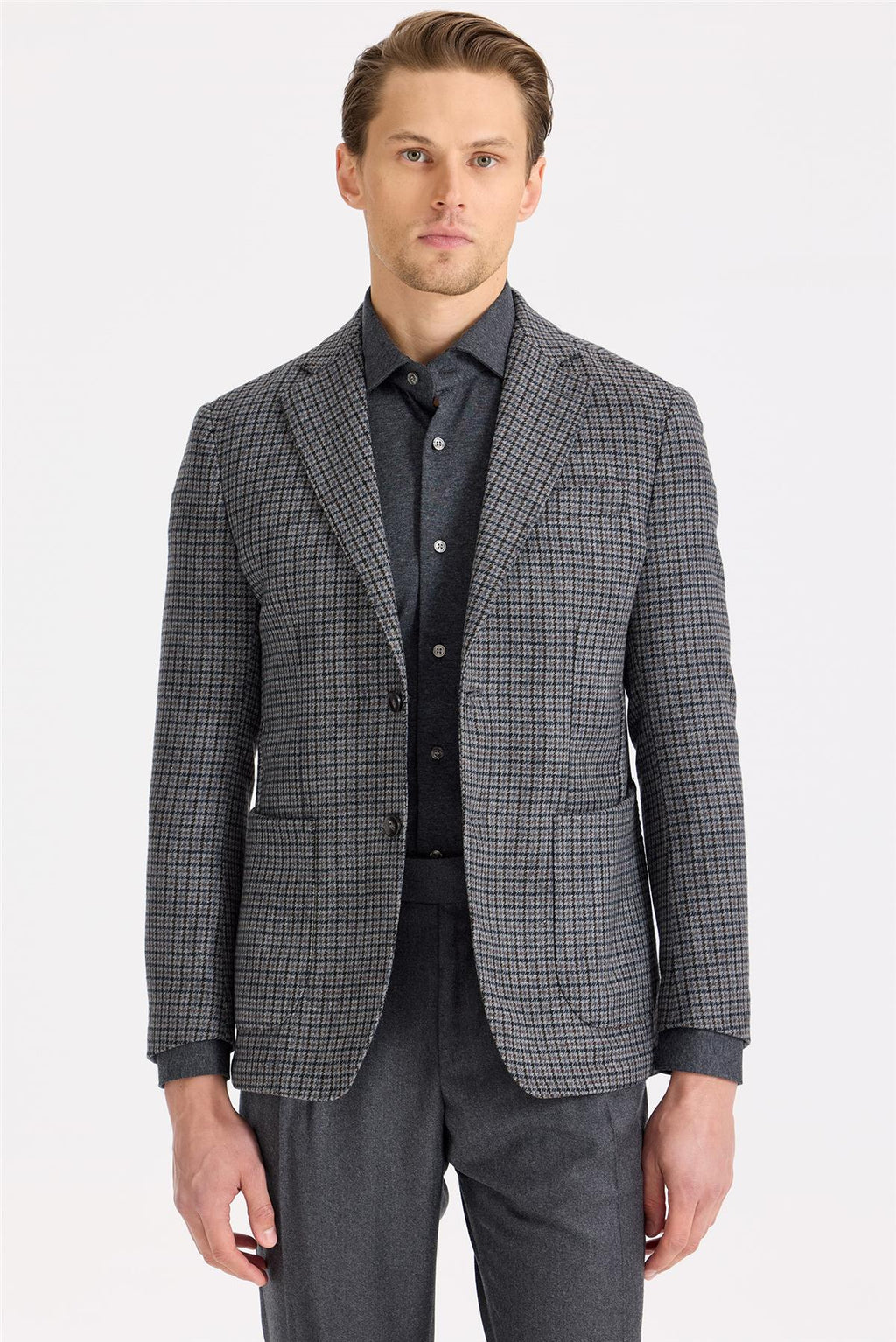 Gri Kahverengi Kareli Yün Ceket - Image 1