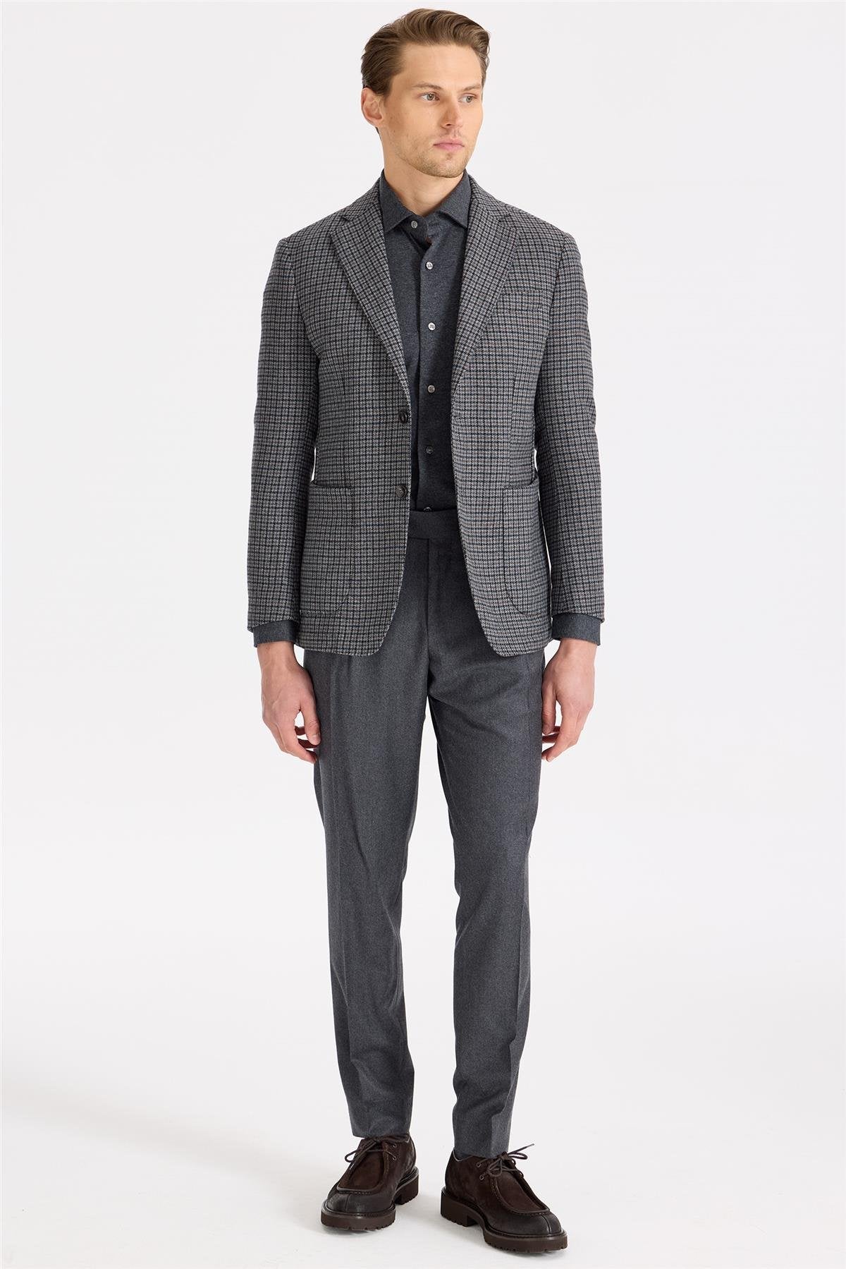 Gri Kahverengi Kareli Yün Ceket - Image 2