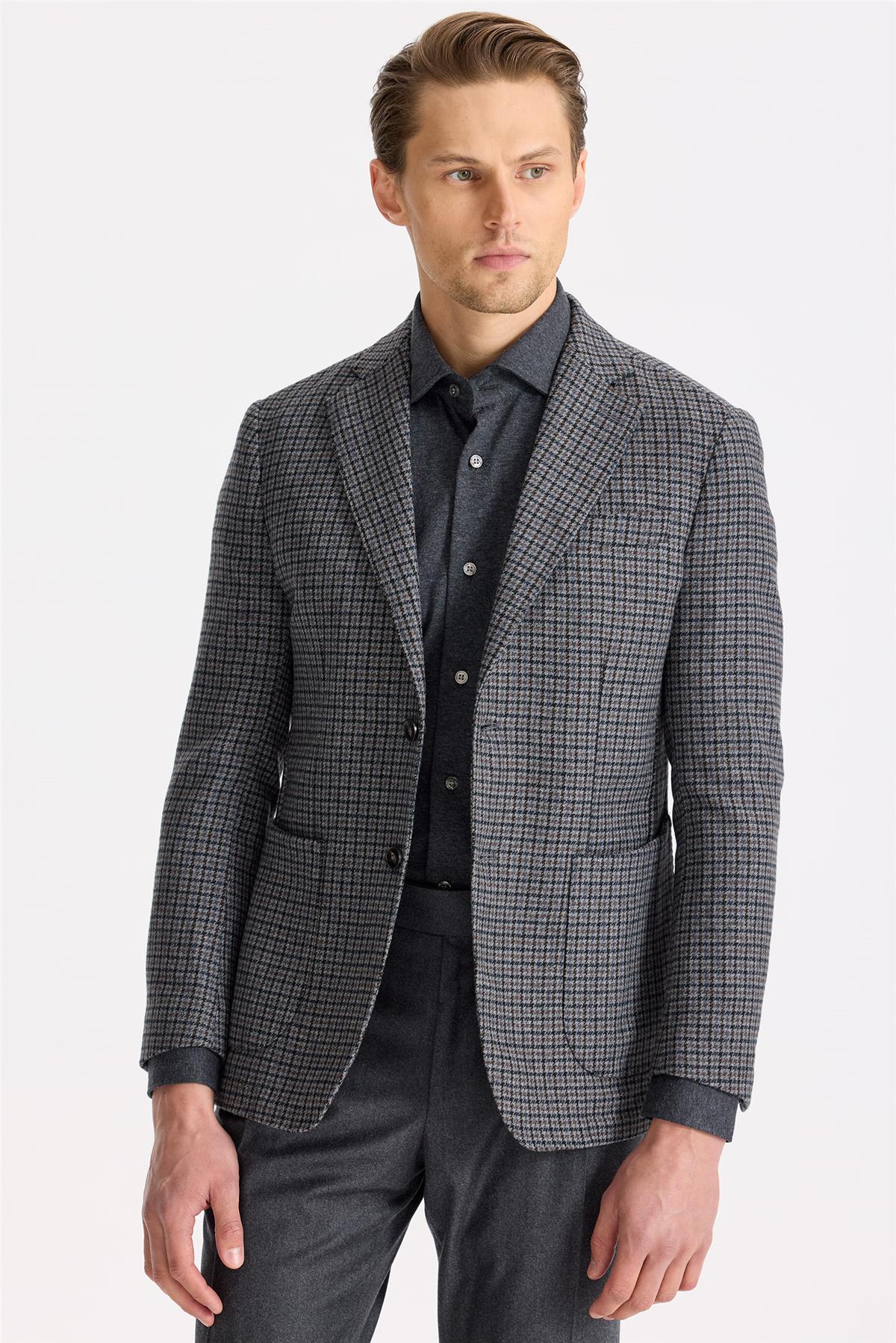 Gri Kahverengi Kareli Yün Ceket - Image 3