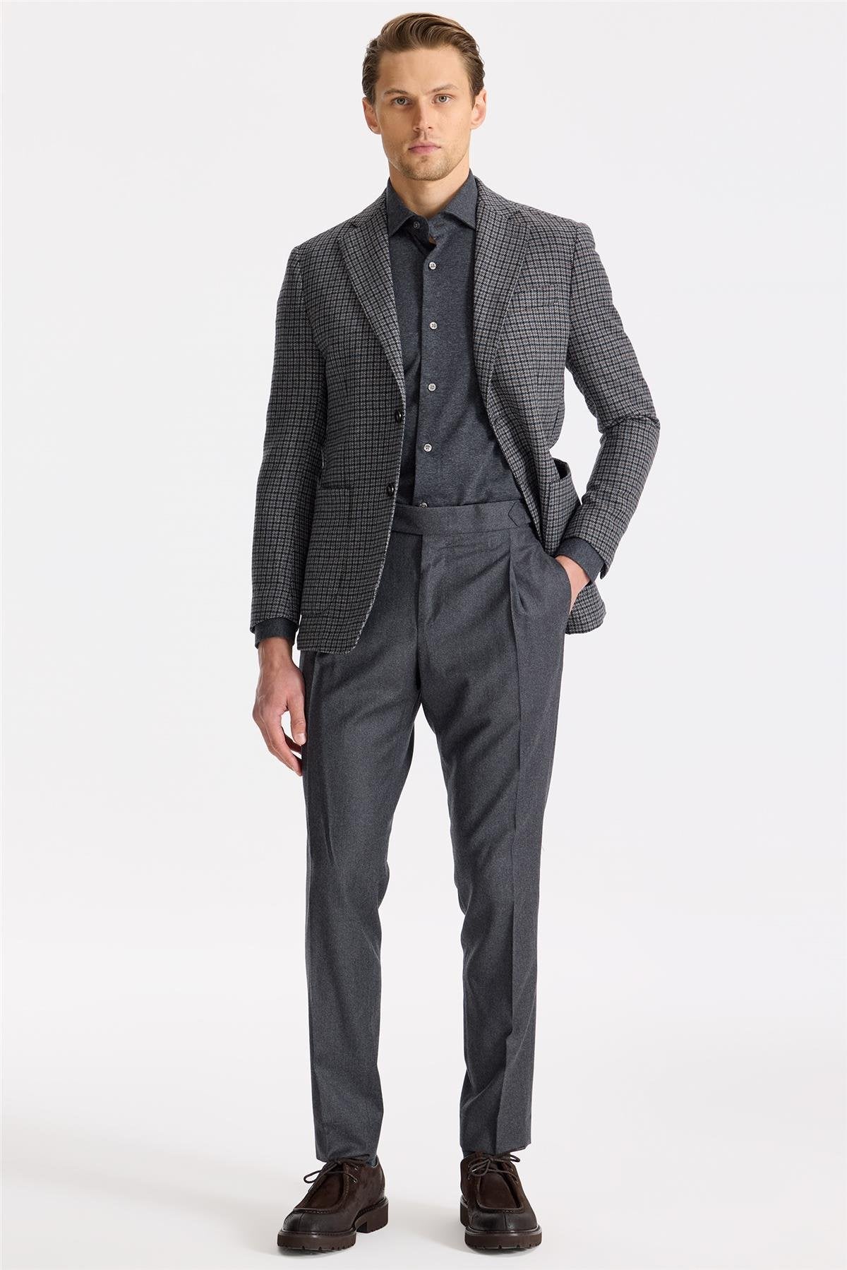 Gri Kahverengi Kareli Yün Ceket - Image 5