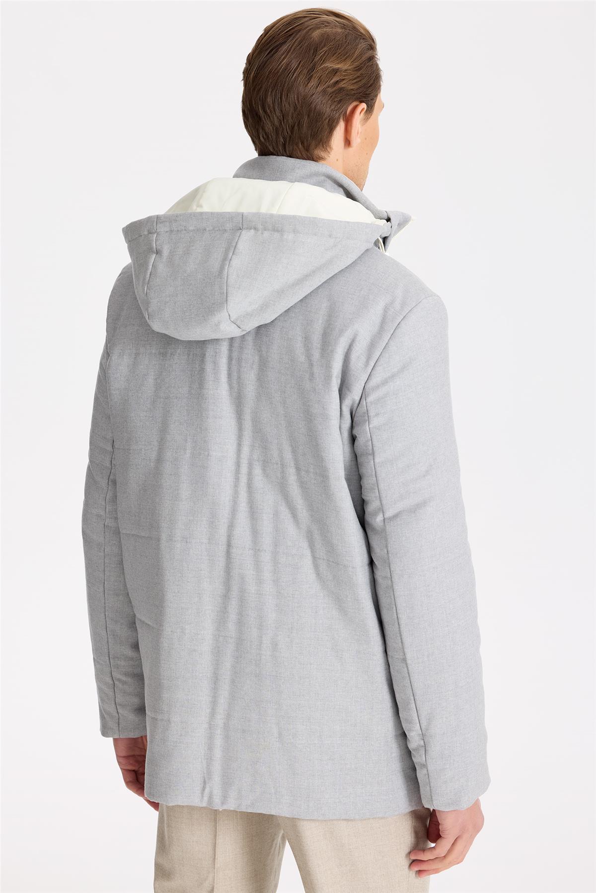 Gri Kapüşonlu Yün Kaban - Image 2