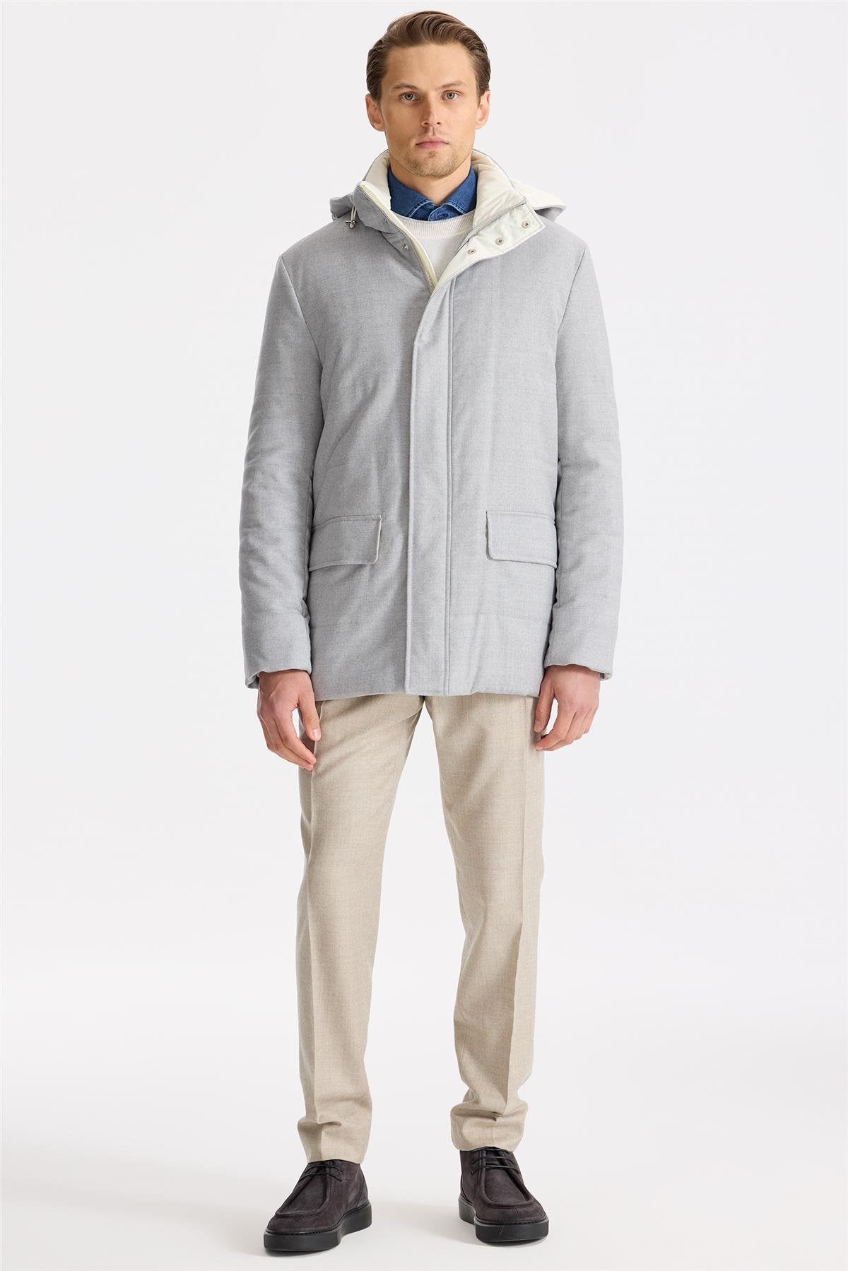 Gri Kapüşonlu Yün Kaban - Image 1