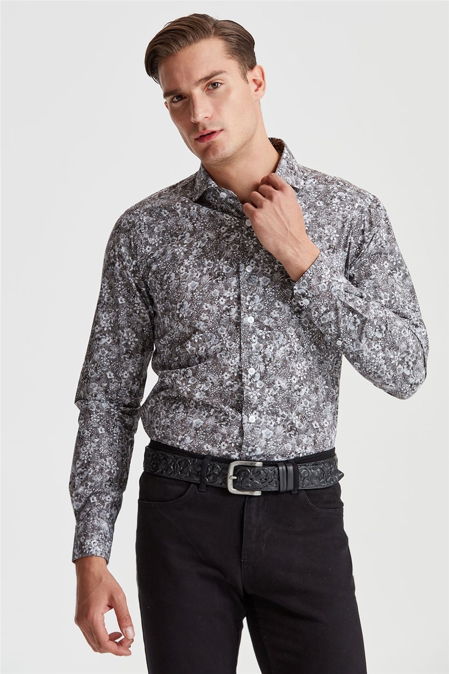Gri Küçük Çiçek Desenli Pamuk Gömlek - Image 2