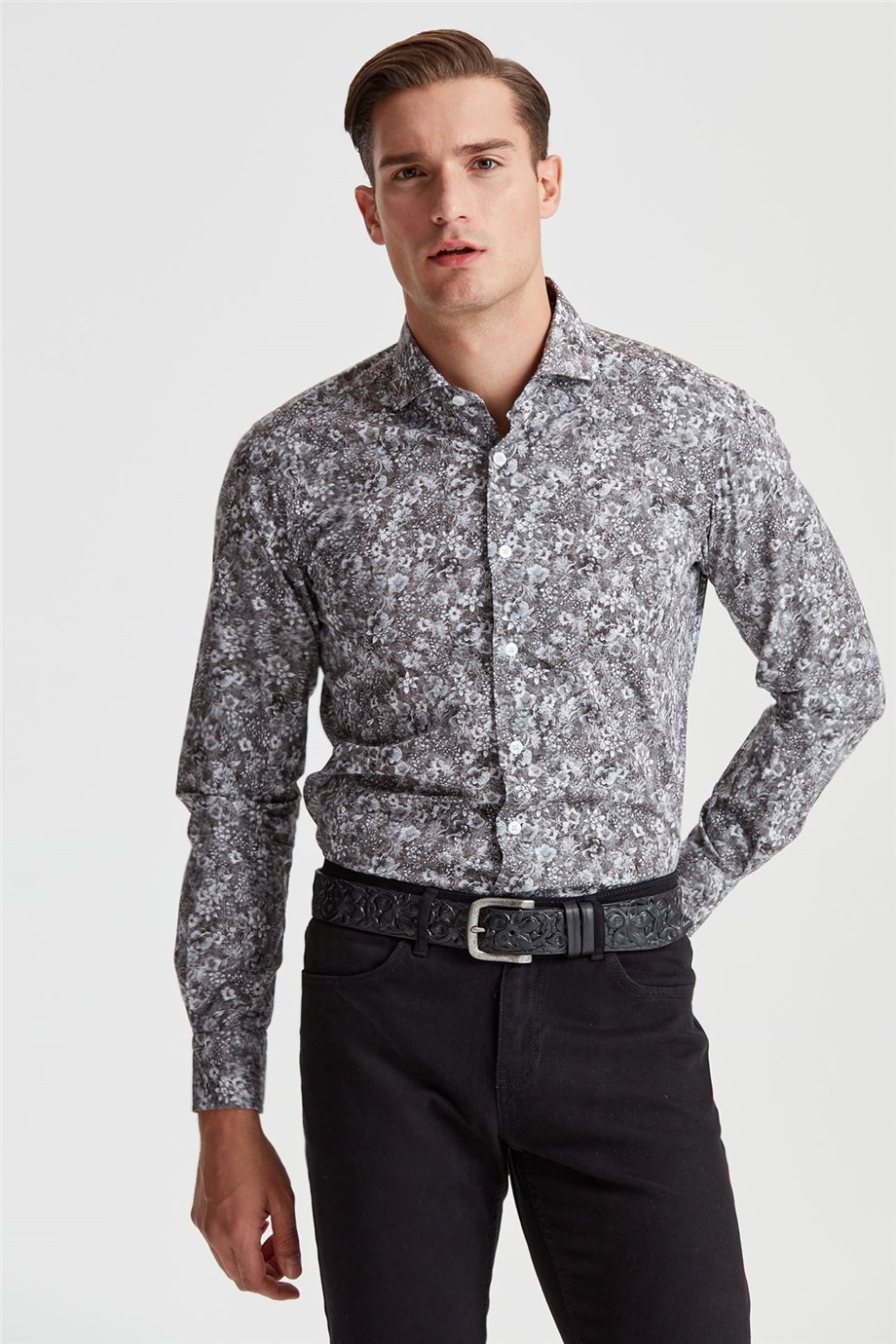 Gri Küçük Çiçek Desenli Pamuk Gömlek - Image 3