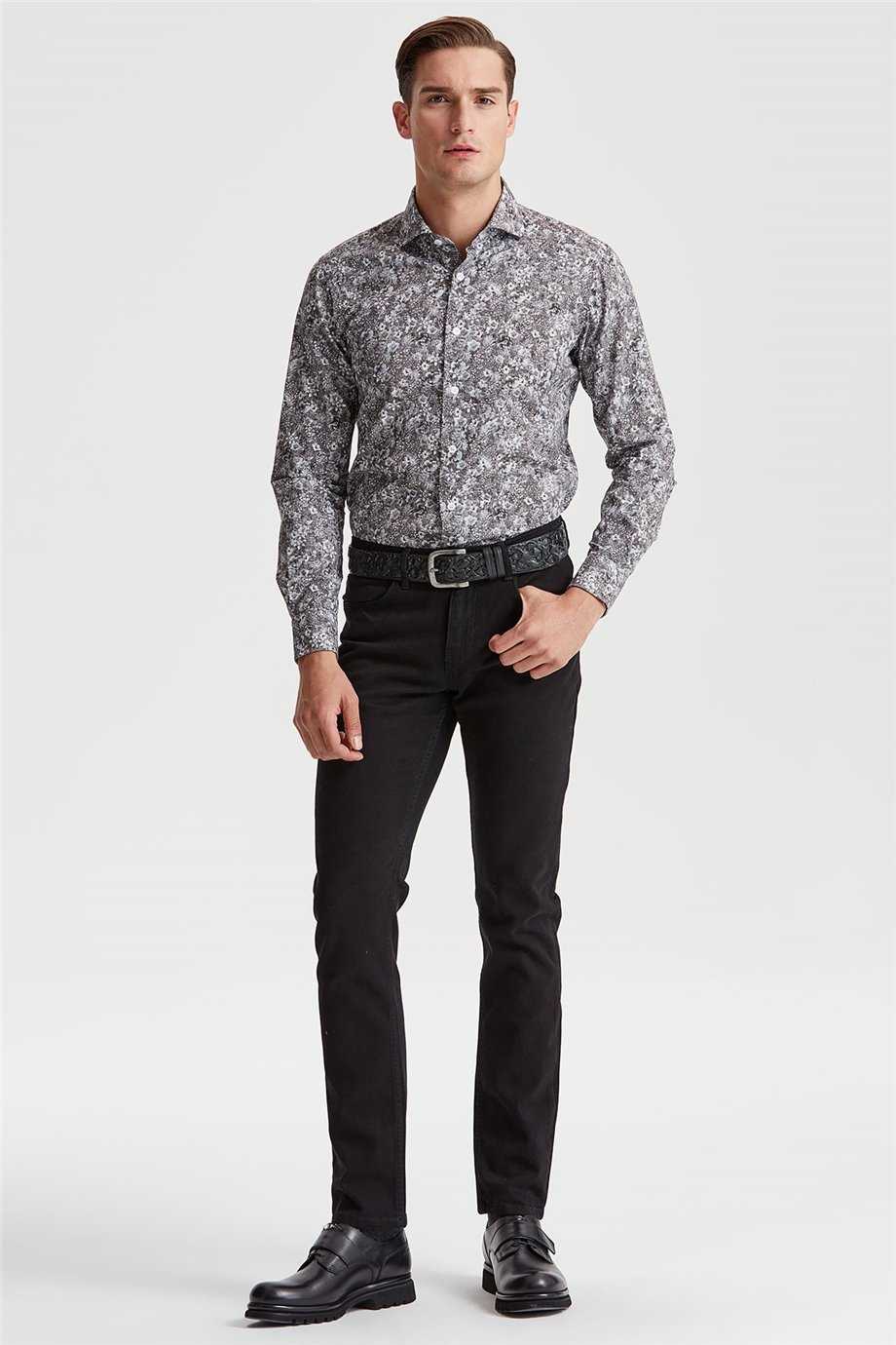 Gri Küçük Çiçek Desenli Pamuk Gömlek - Image 4