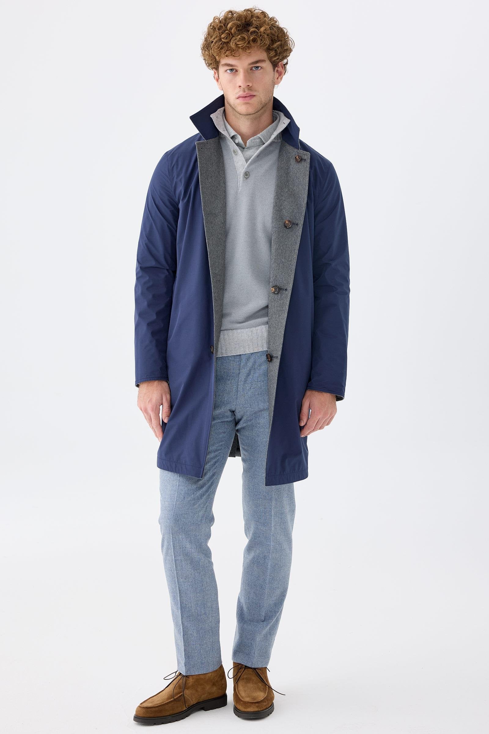 Gri Lacivert Çift Taraflı Kaşmir Kaban - Image 1