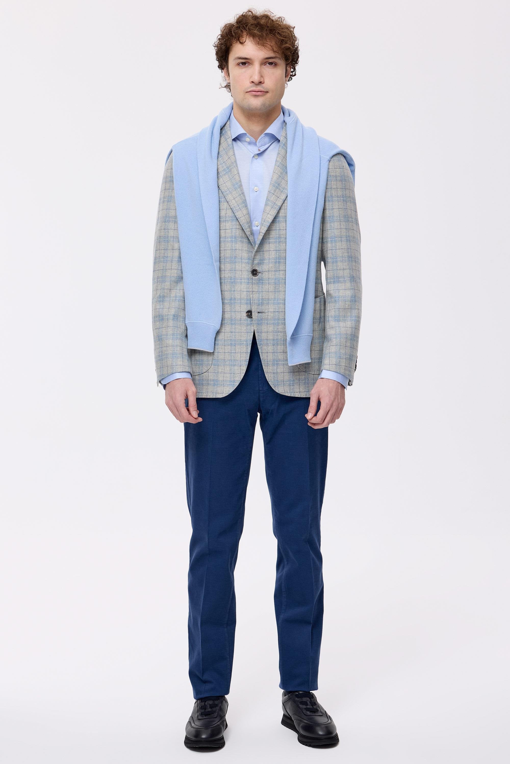 Gri Mavi Ekoseli Yün Kaşmir Ceket - Image 1