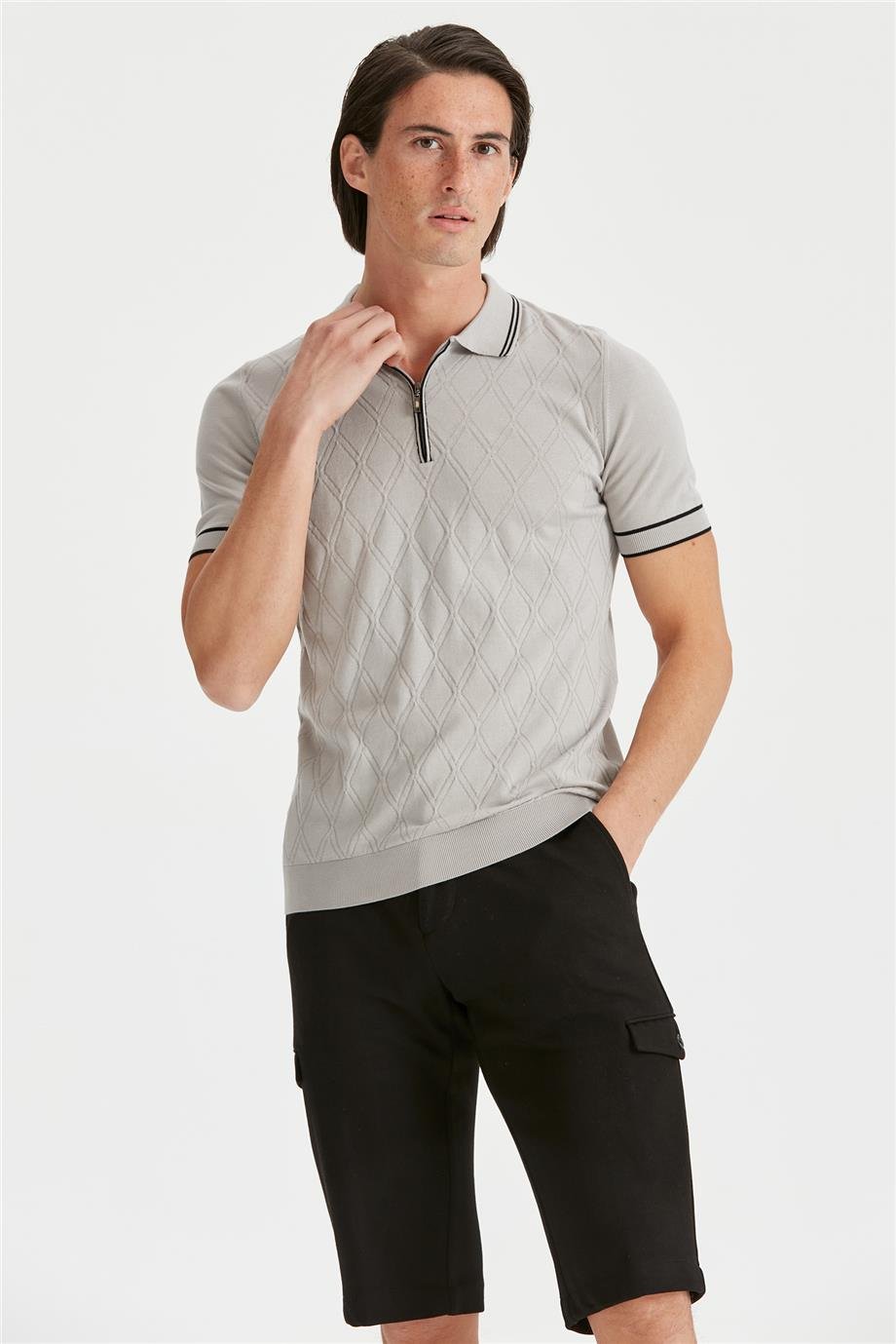 Gri Polo Yaka Erkek Pamuk Triko - Image 5