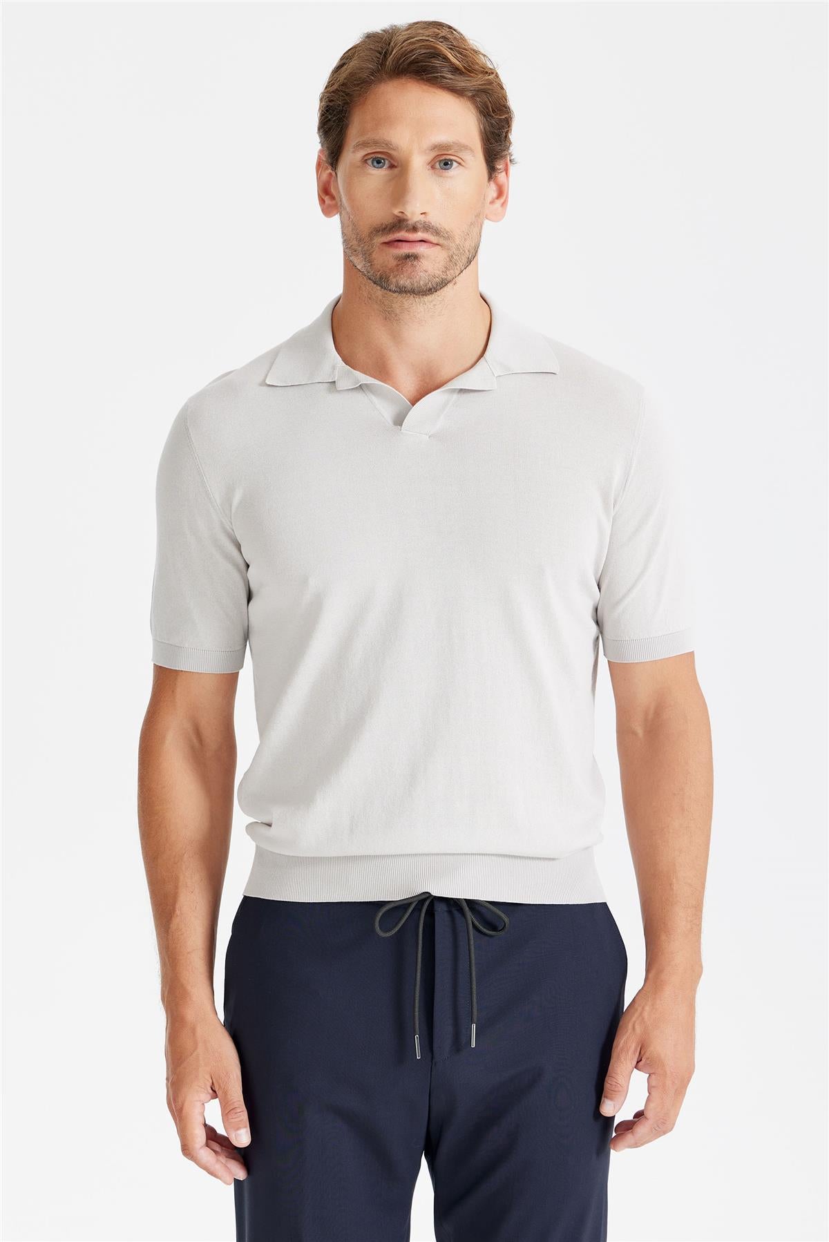 Gri Polo Yaka Pamuk Triko - 1