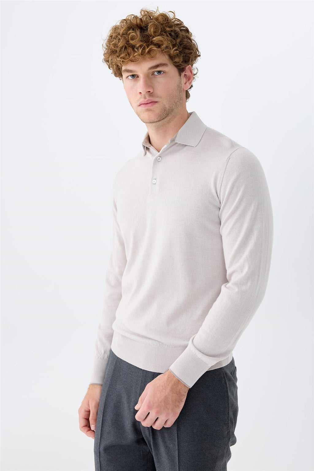 Gri Polo Yaka Yün İpek Kaşmir Triko