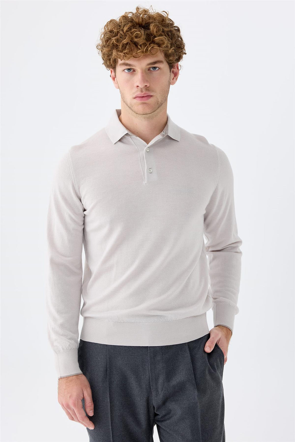 Gri Polo Yaka Yün İpek Kaşmir Triko
