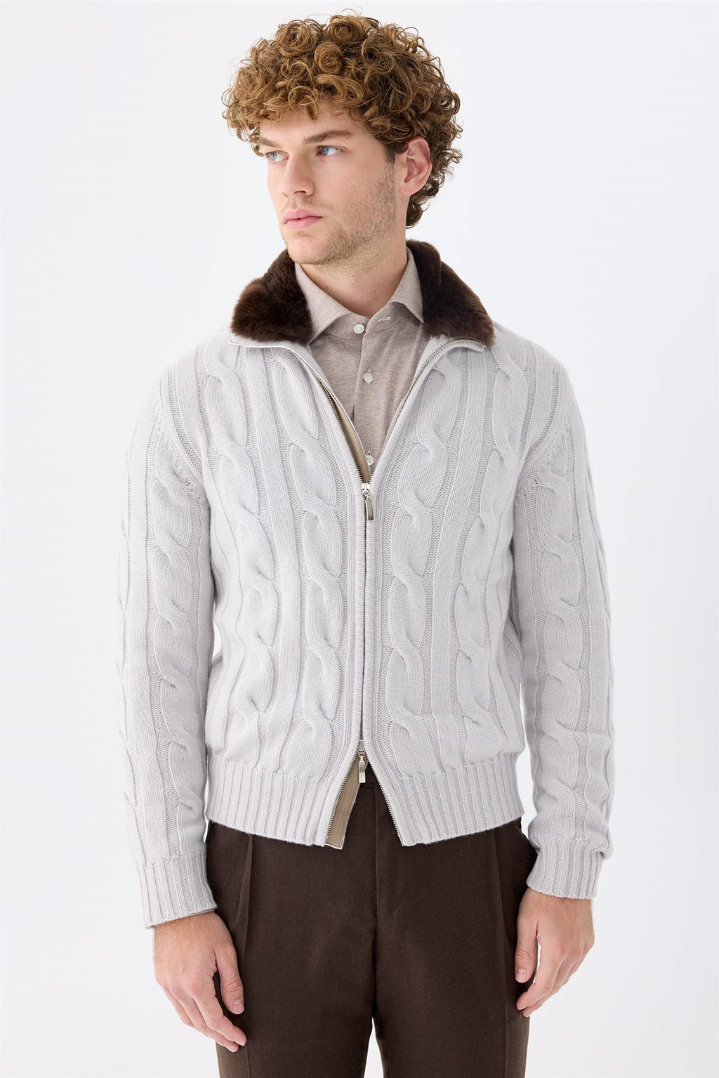 Gri Saç Örgü Fermuarlı Kaşmir Hırka - Image 4