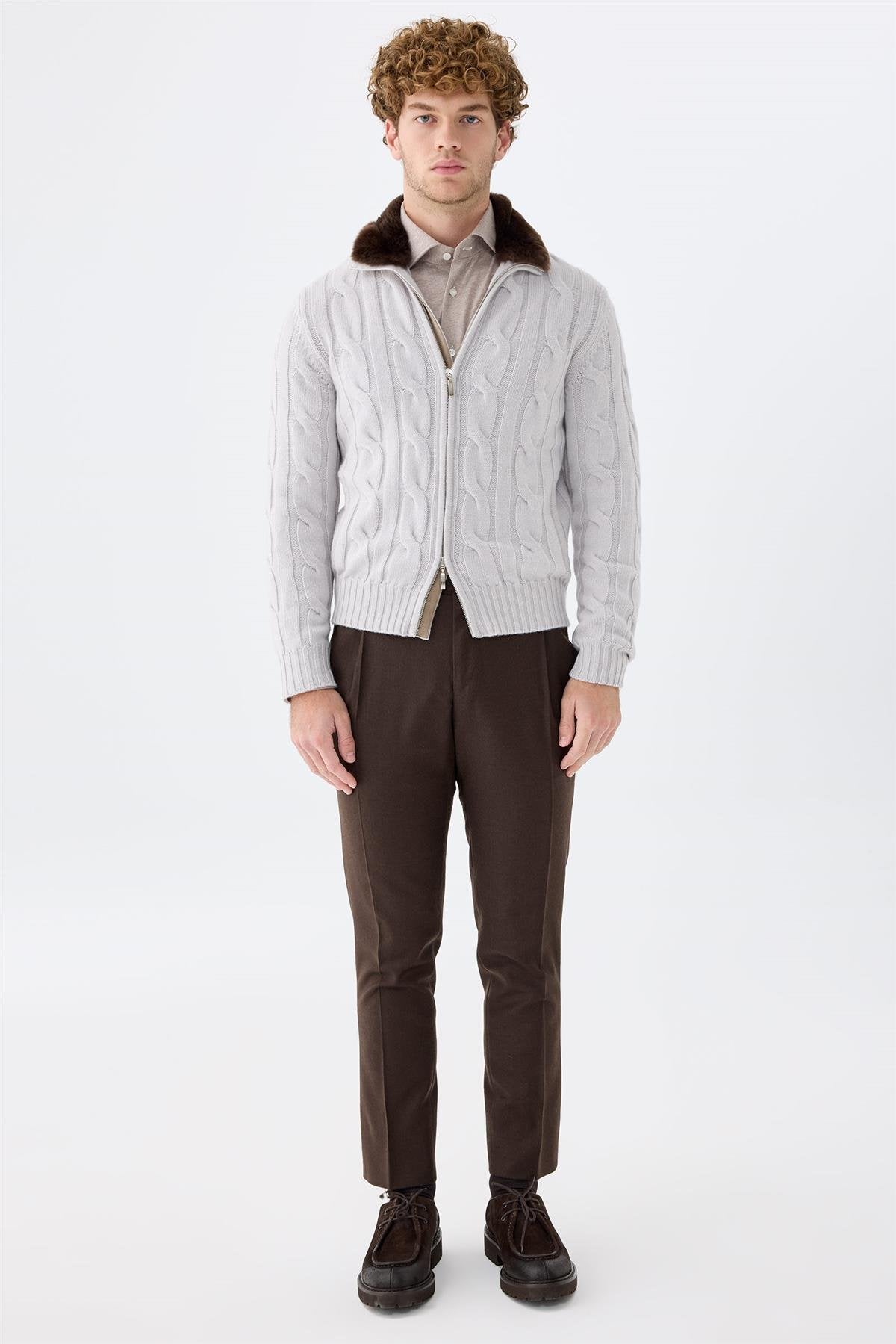 Gri Saç Örgü Fermuarlı Kaşmir Hırka - Image 3