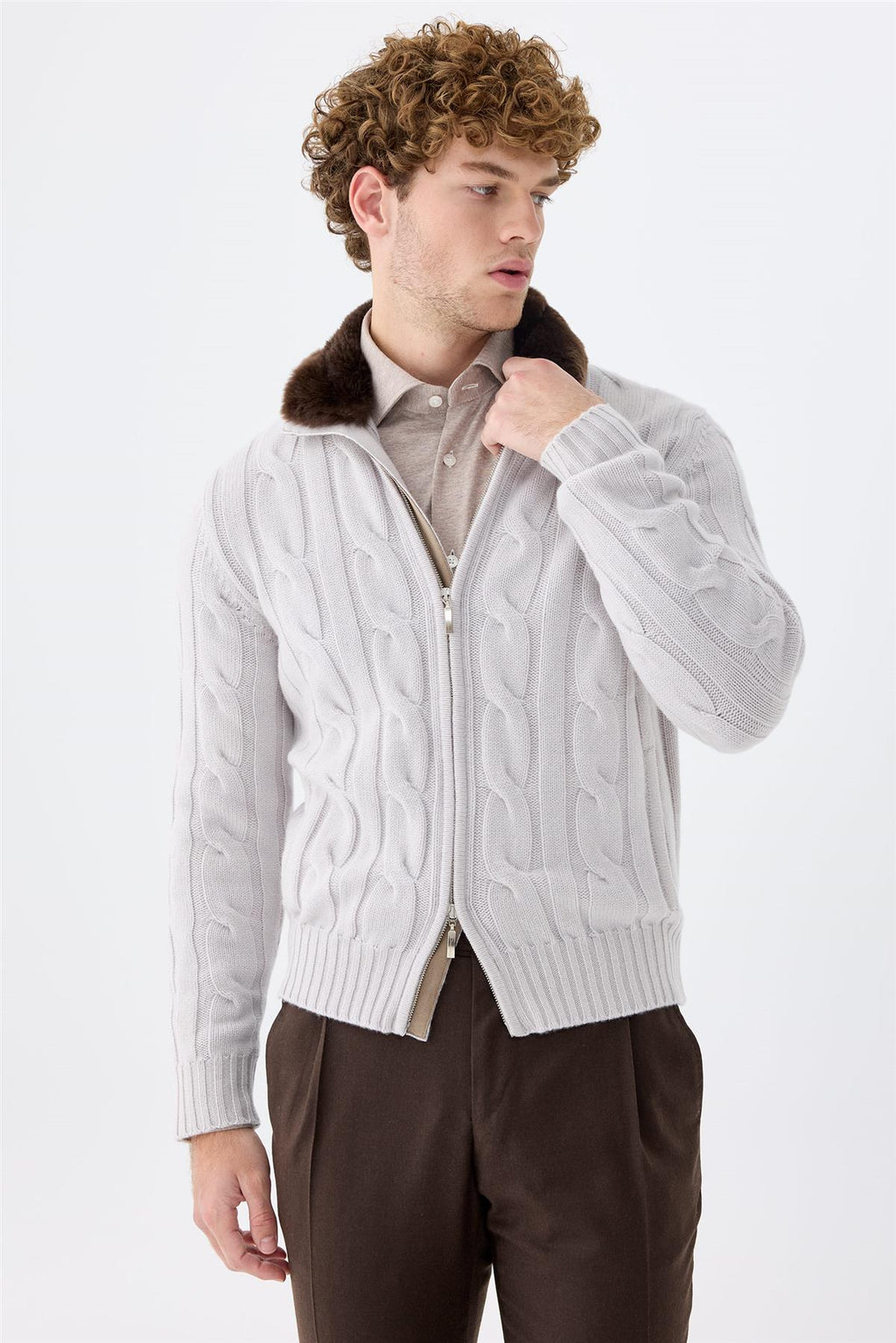 Gri Saç Örgü Fermuarlı Kaşmir Hırka - Image 2