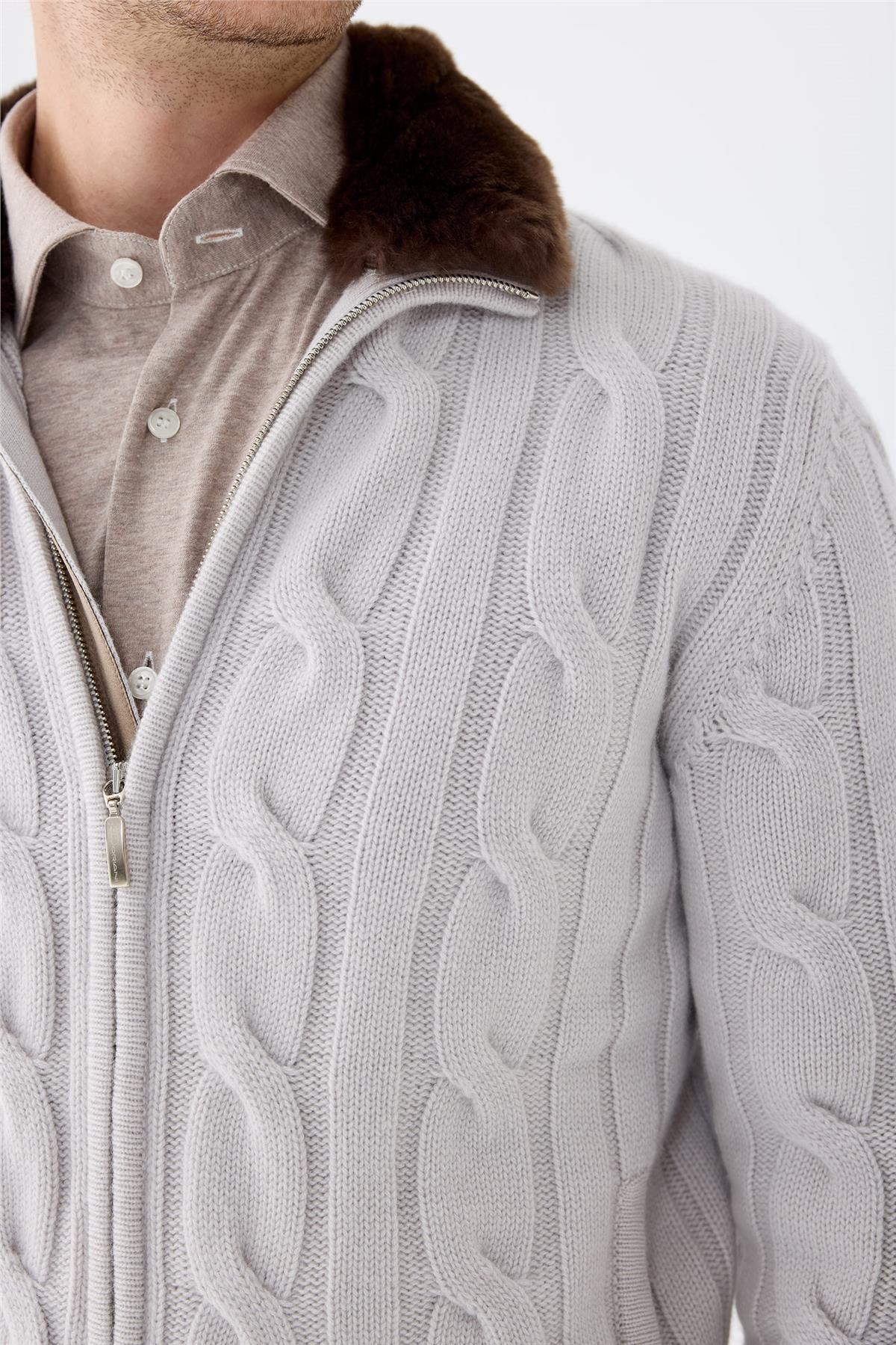 Gri Saç Örgü Fermuarlı Kaşmir Hırka - Image 5