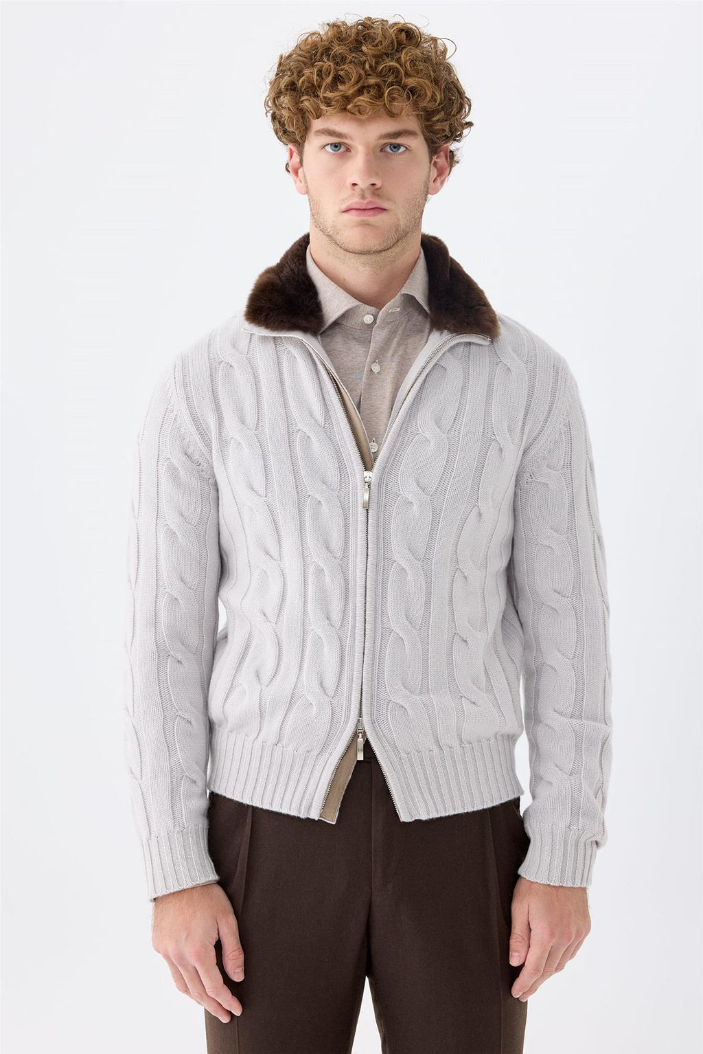 Gri Saç Örgü Fermuarlı Kaşmir Hırka - Image 1