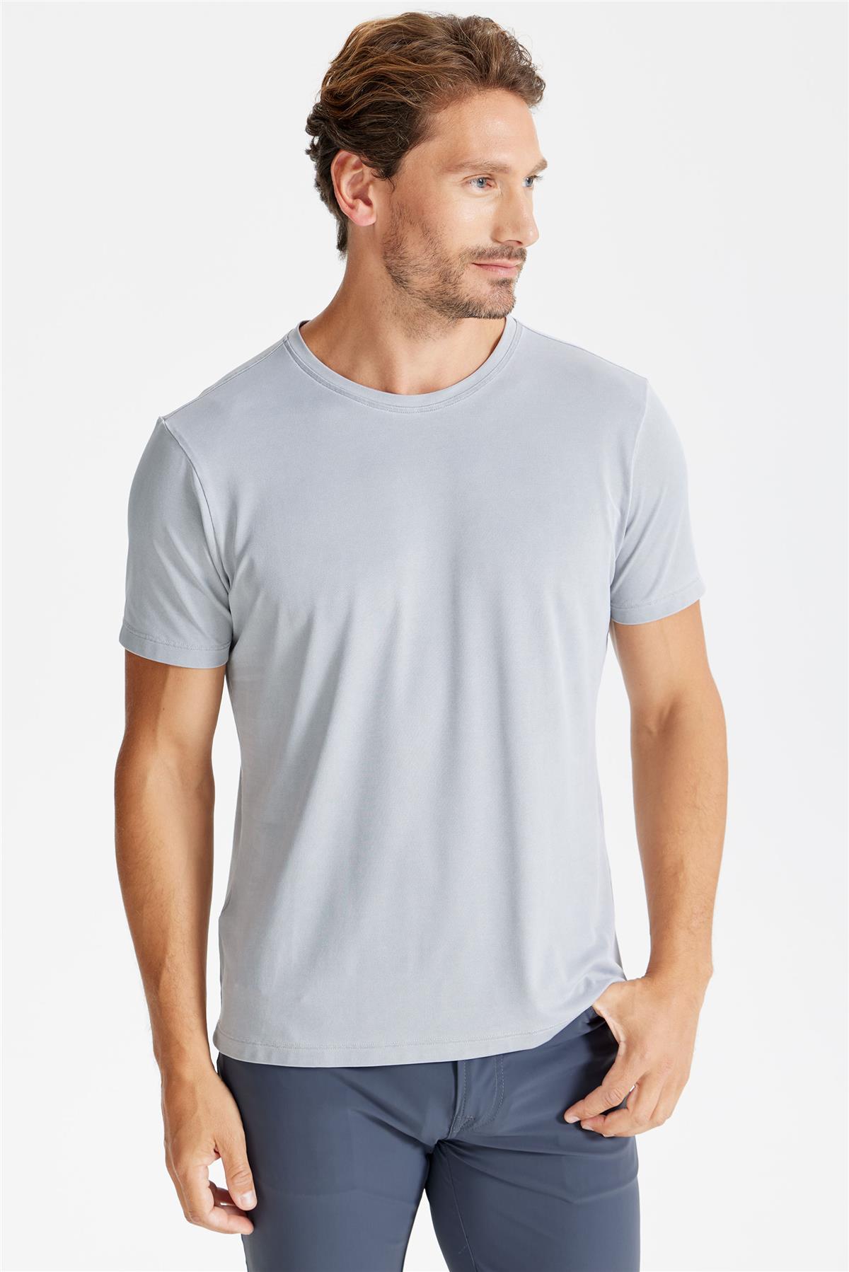 Gri Sıfır Yaka Oxford Teknik Kumaş T-Shirt