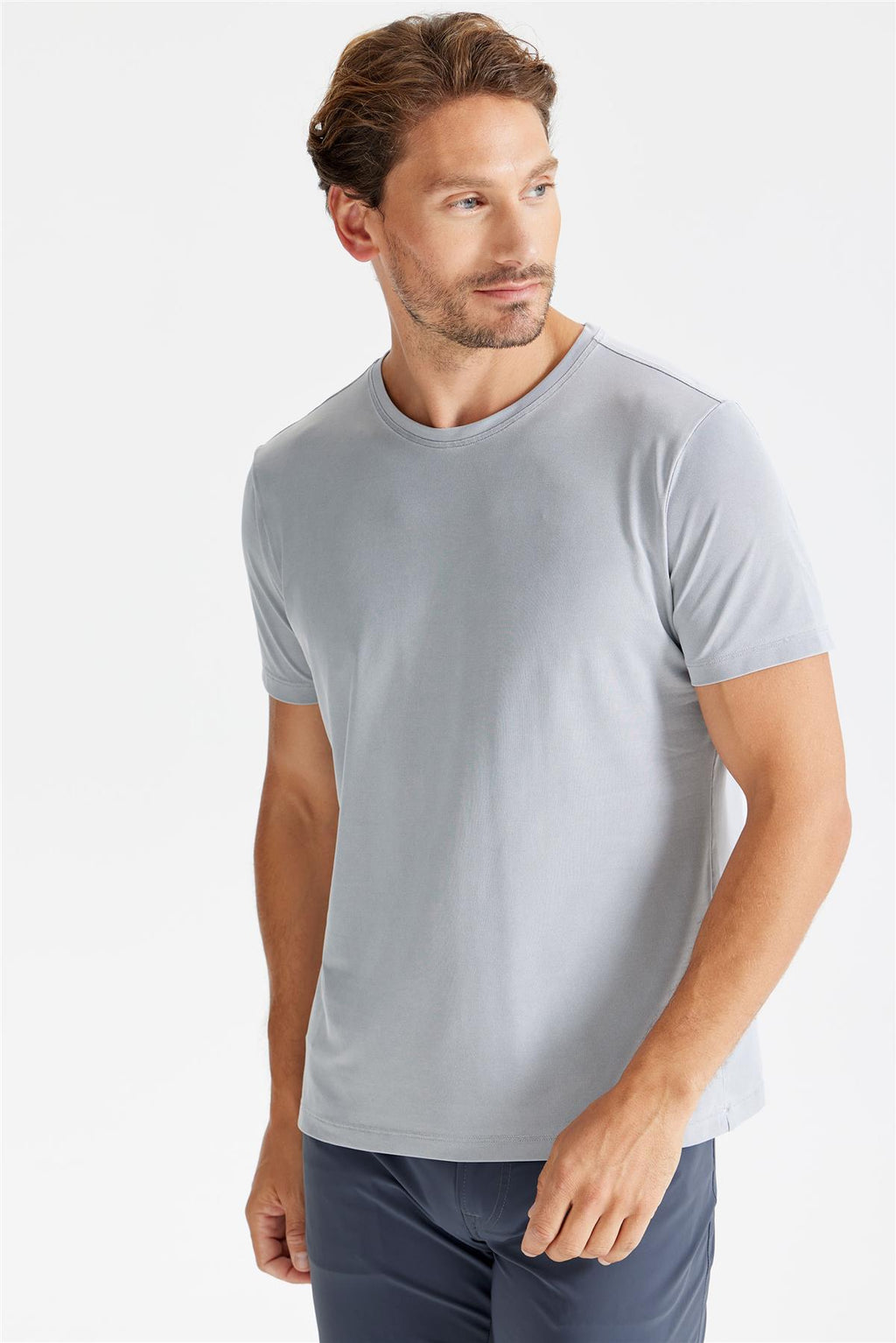 Gri Sıfır Yaka Oxford Teknik Kumaş T-Shirt - 3