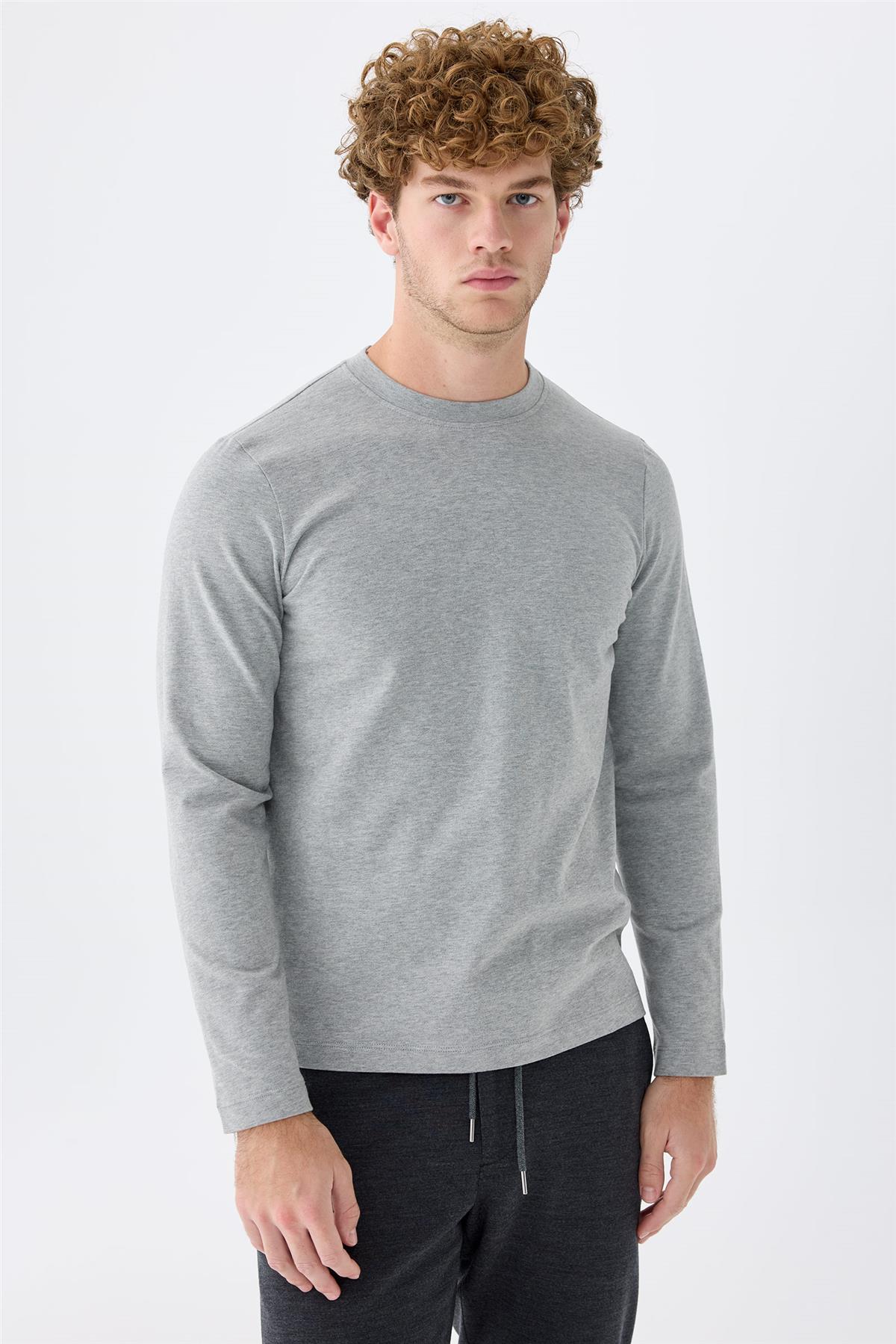 Gri Sıfır Yaka Pamuk Sweatshirt - Image 5