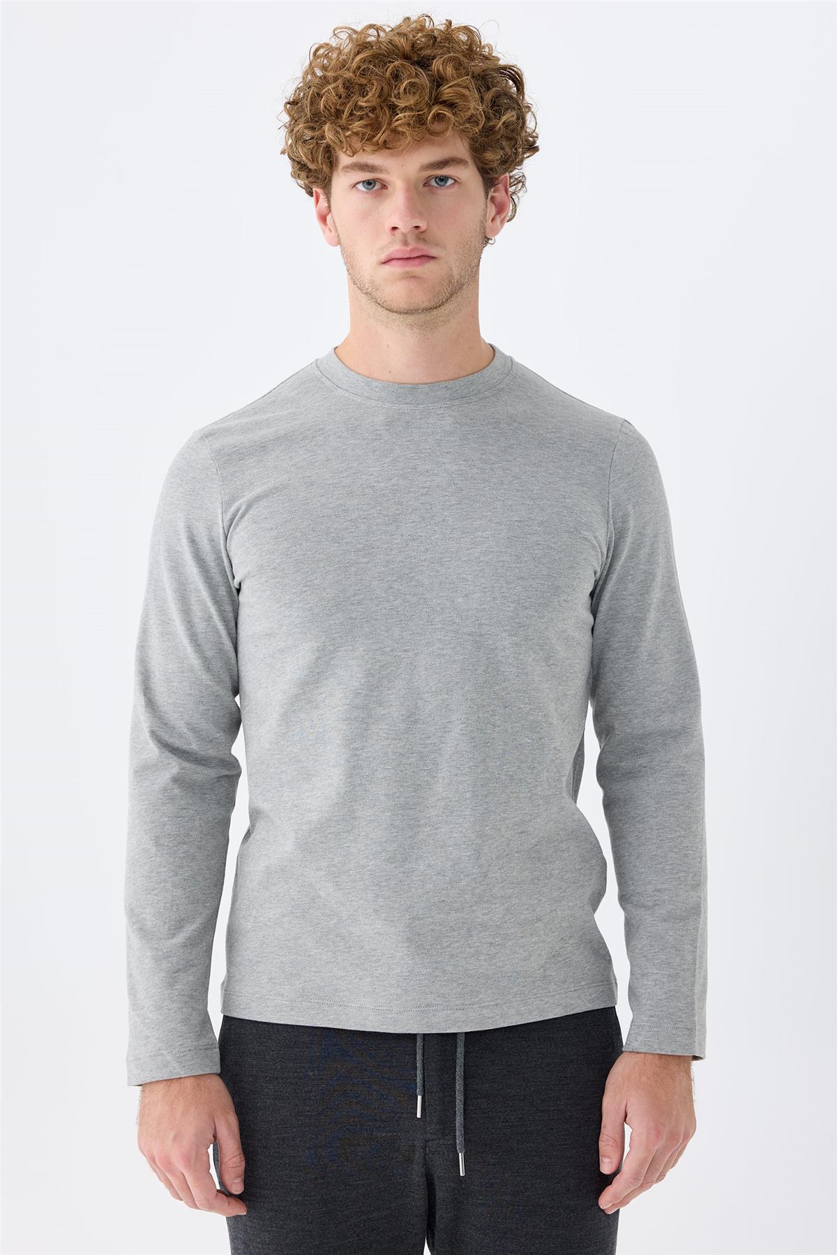 Gri Sıfır Yaka Pamuk Sweatshirt