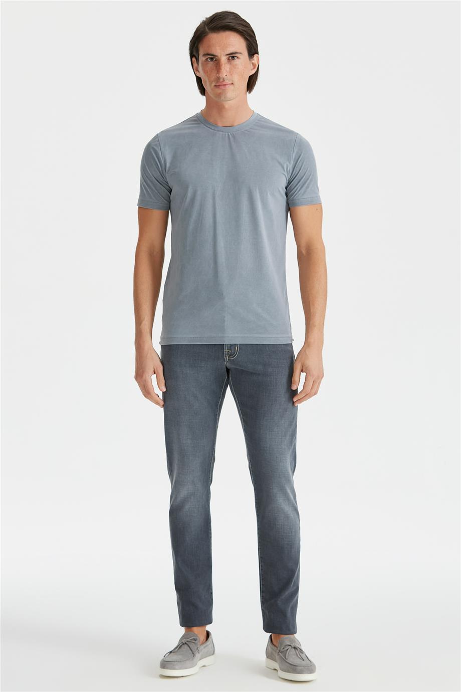 Gri Sıfır Yaka Teknik Kumaş T-Shirt - 2