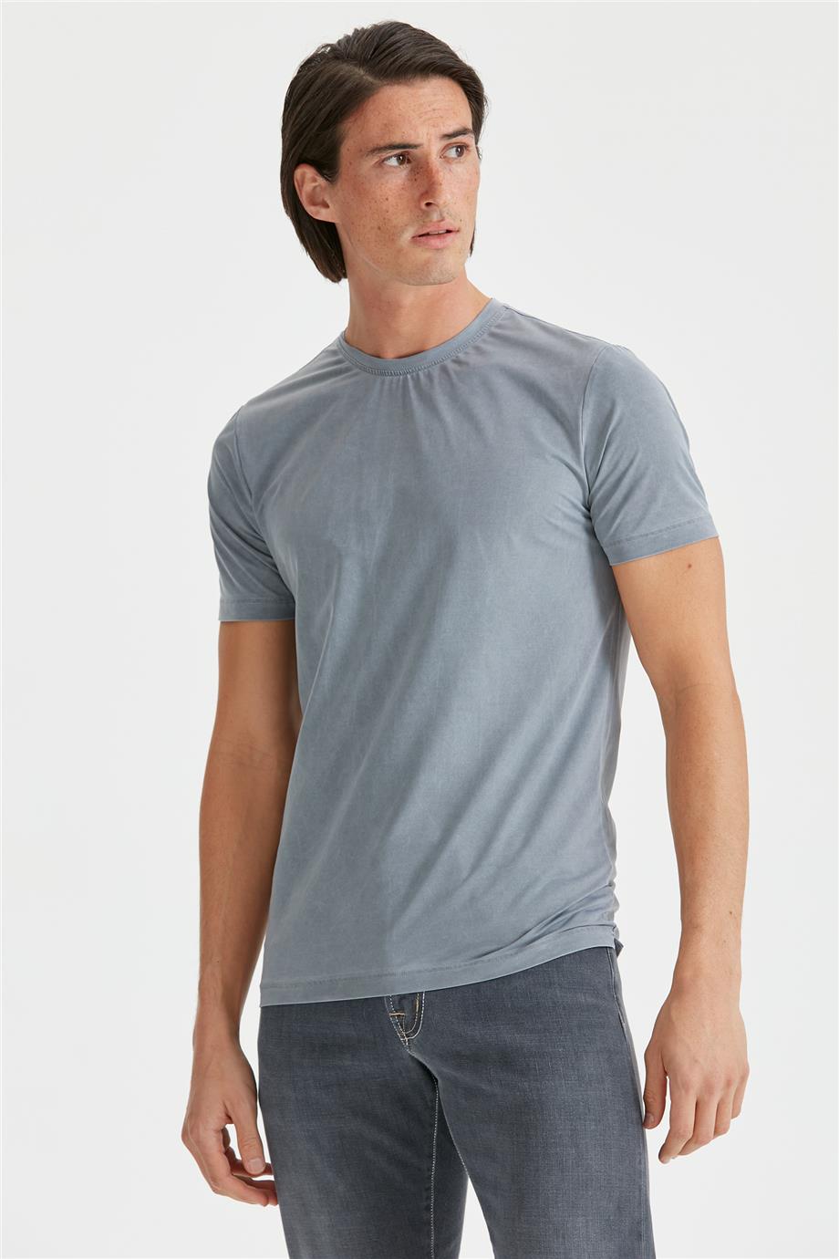 Gri Sıfır Yaka Teknik Kumaş T-Shirt - 3