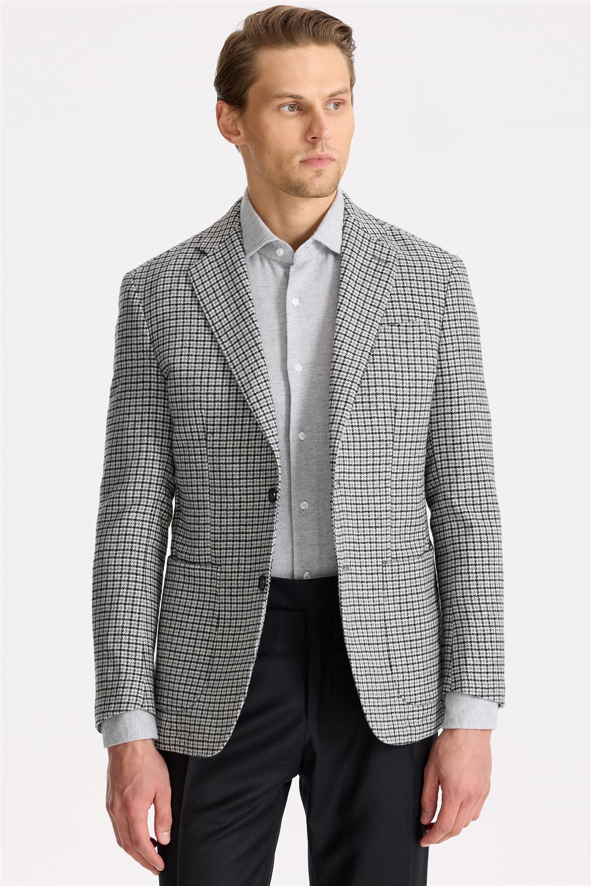 Gri Siyah Kareli Yün Ceket - Image 2