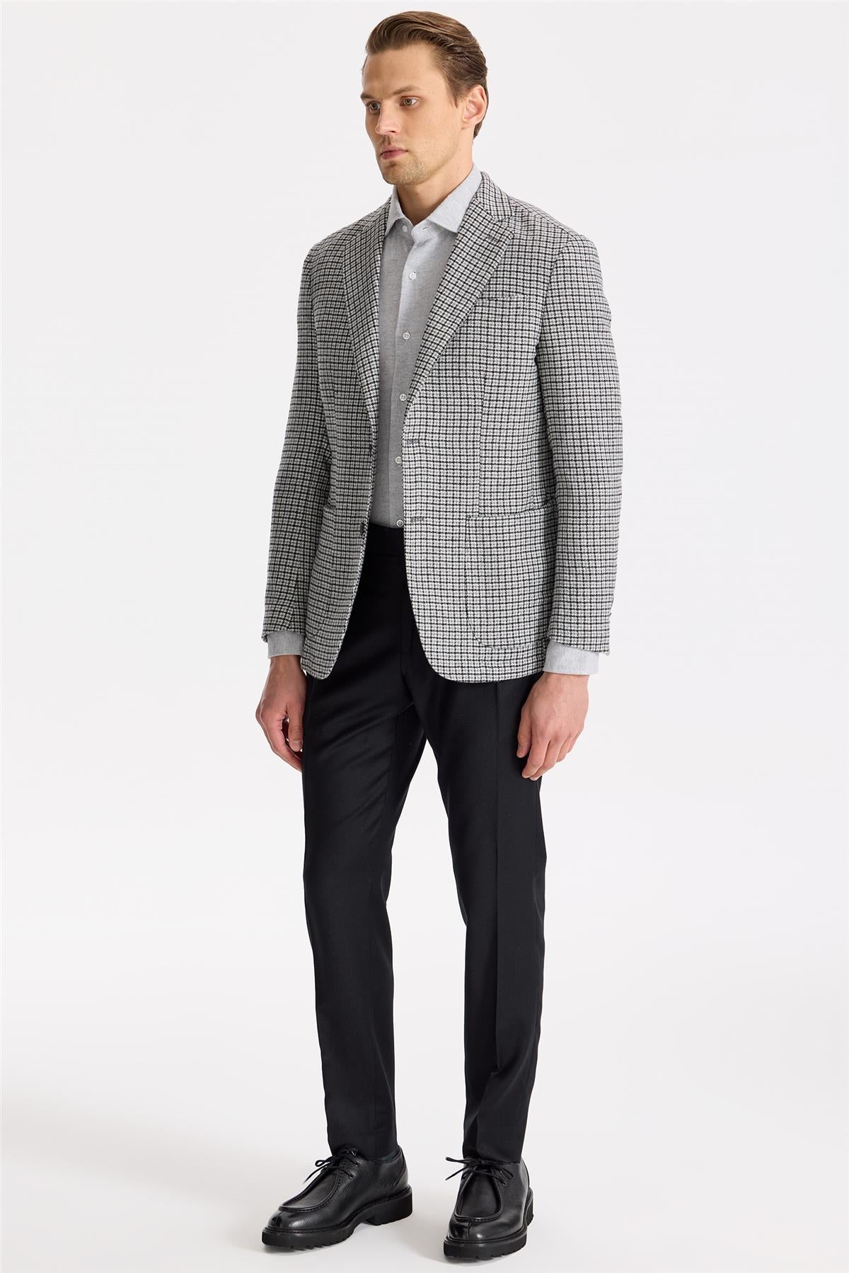 Gri Siyah Kareli Yün Ceket - Image 4