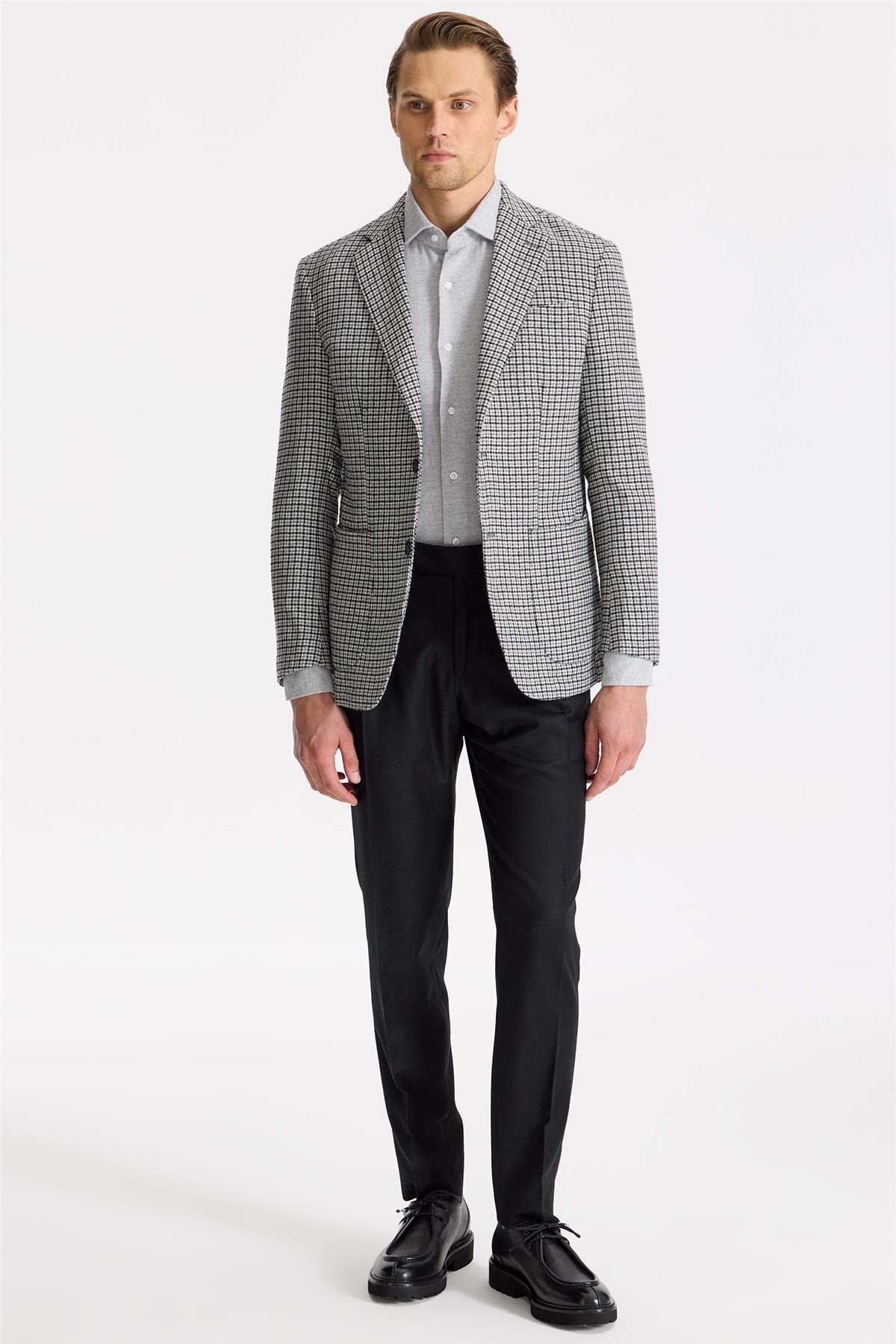 Gri Siyah Kareli Yün Ceket - Image 3