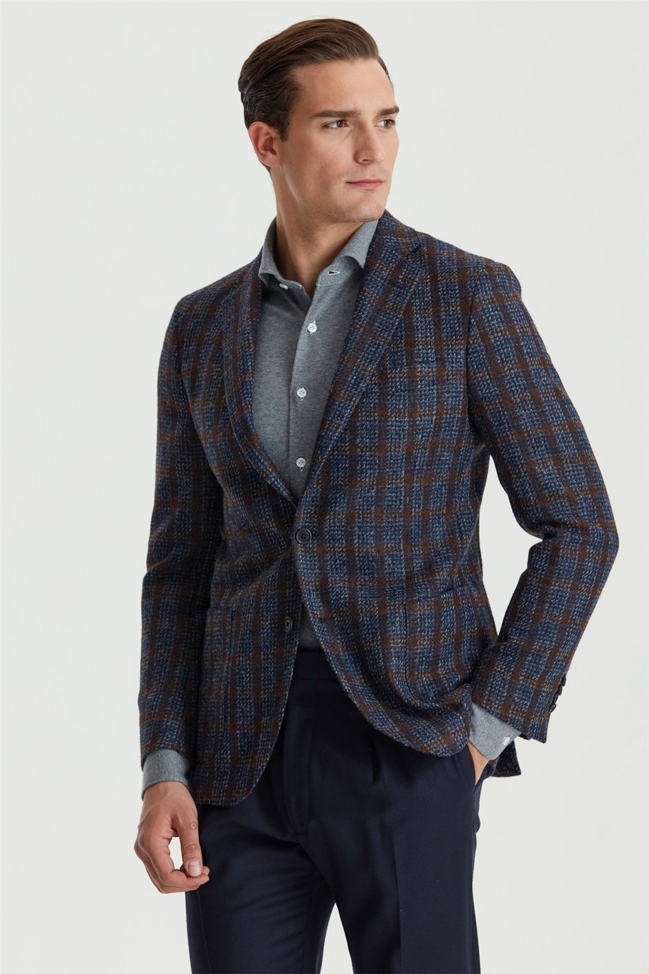 Kahve Ekose Lacivert Alpaka Ceket - Image 1