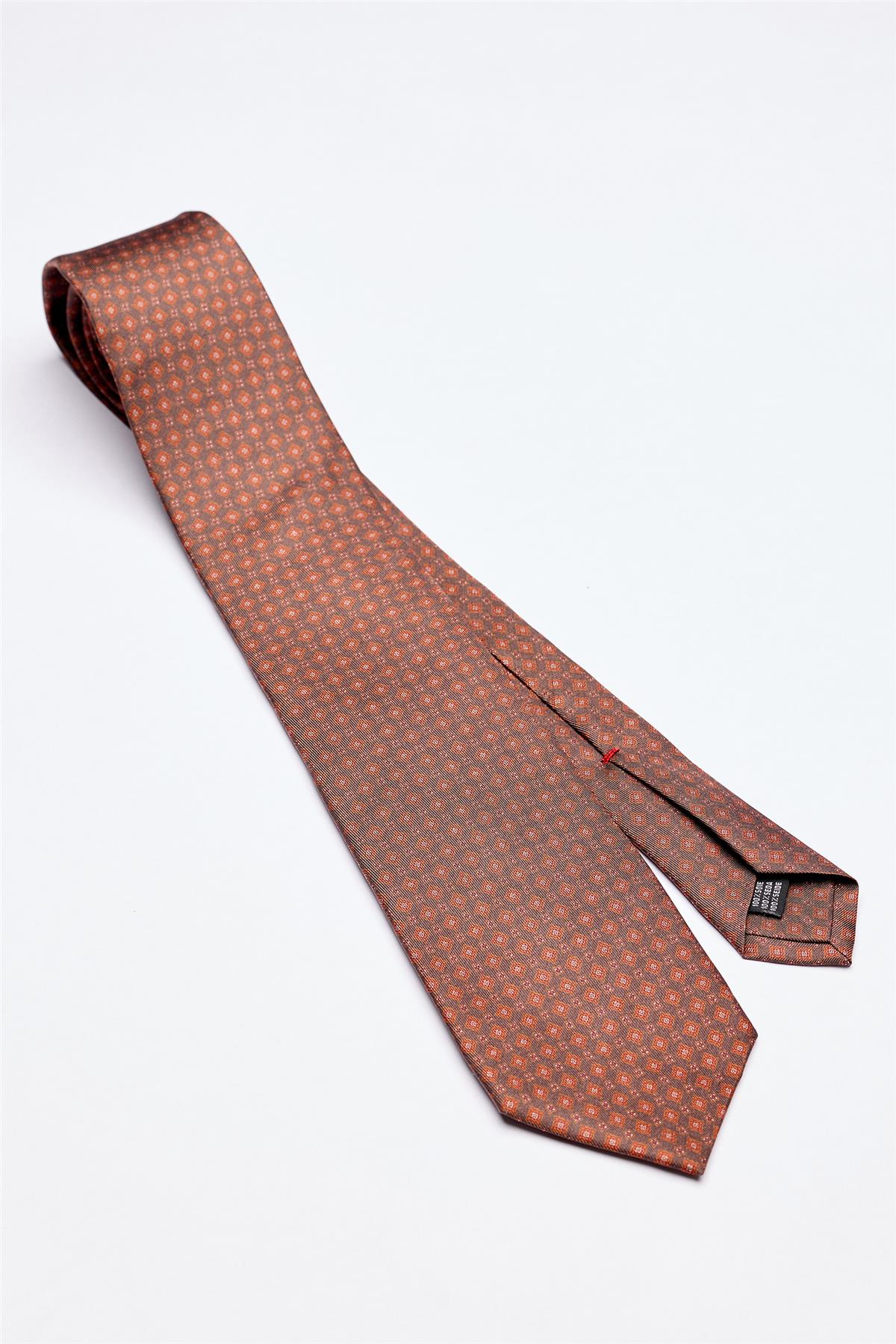 Kahverengi Desenli 7 Fold İpek Kravat - Image 1