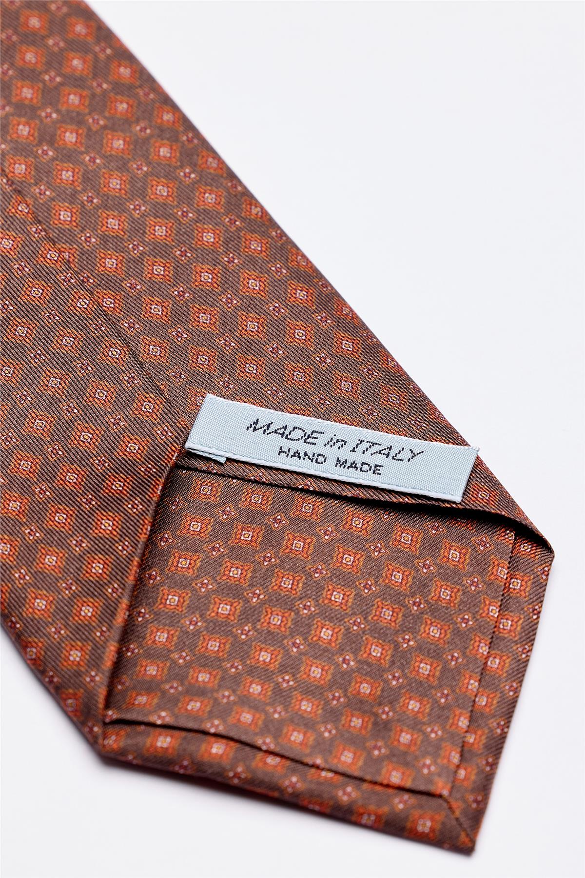 Kahverengi Desenli 7 Fold İpek Kravat - Image 4