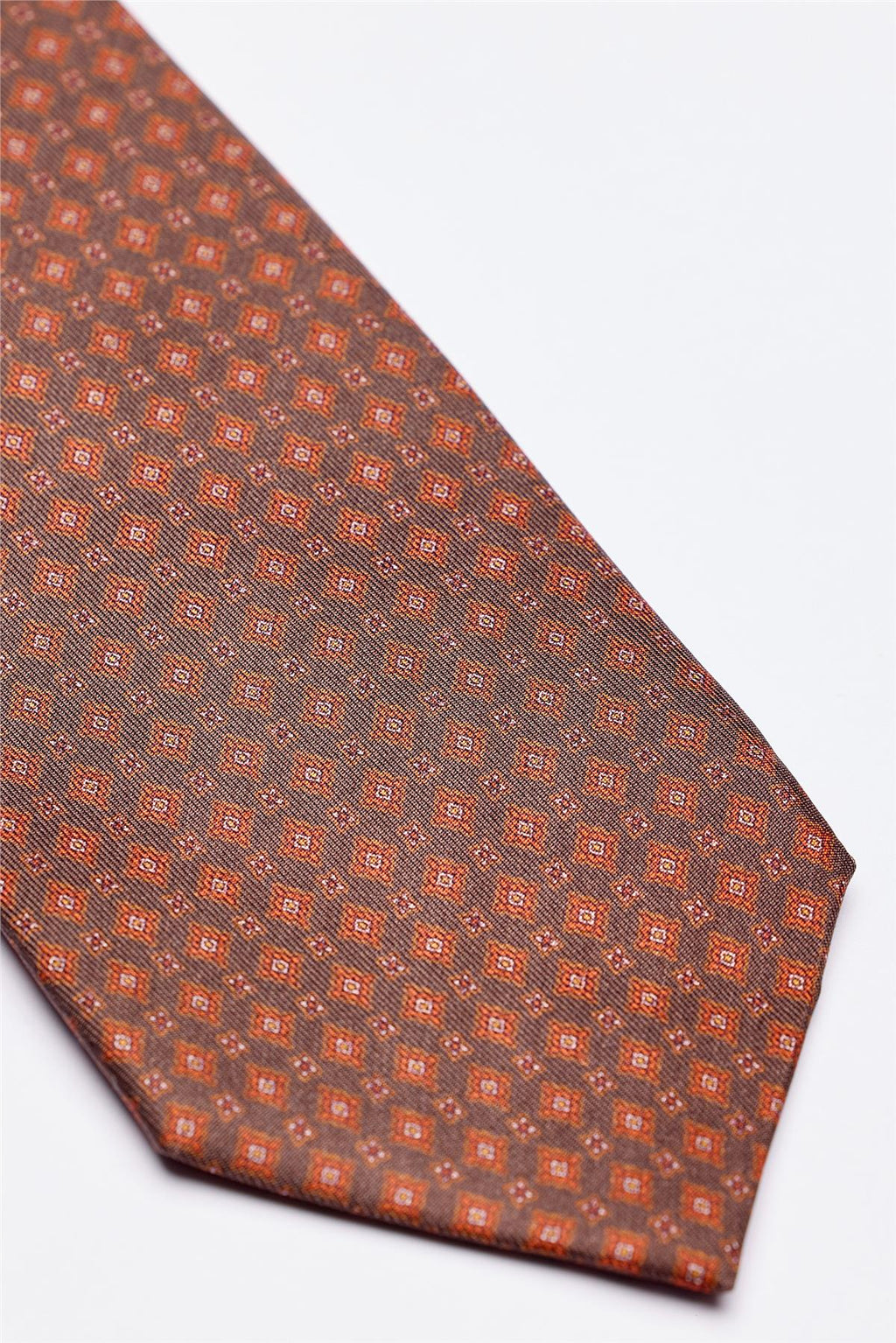 Kahverengi Desenli 7 Fold İpek Kravat - Image 3