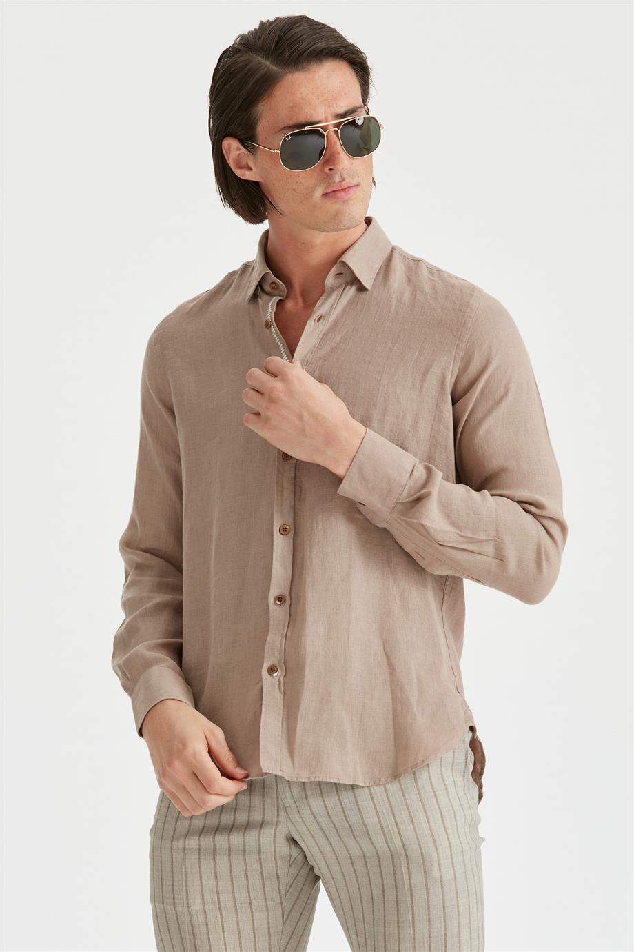 Kahverengi Erkek Keten Gömlek - Image 5