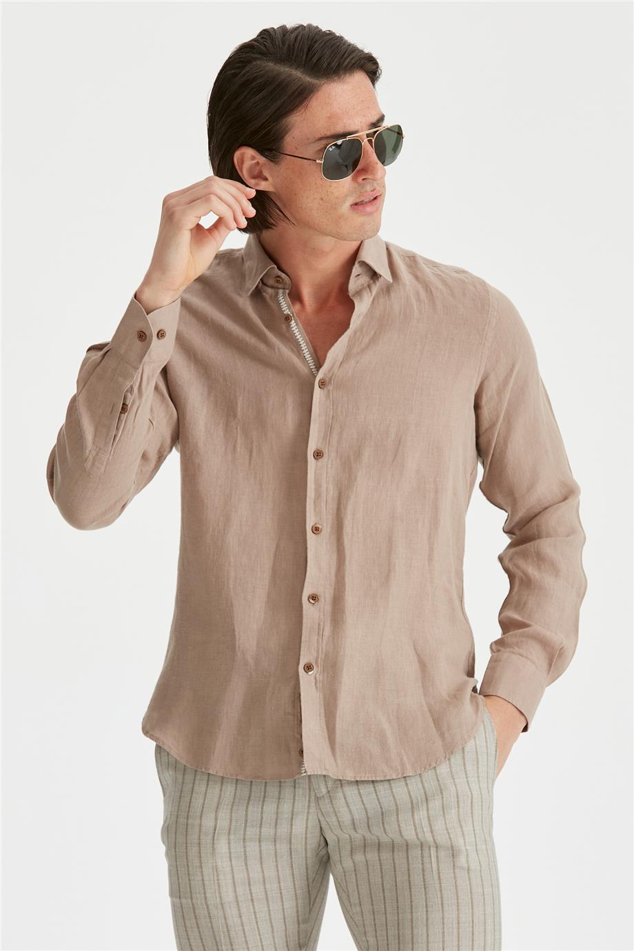 Kahverengi Erkek Keten Gömlek - Image 4