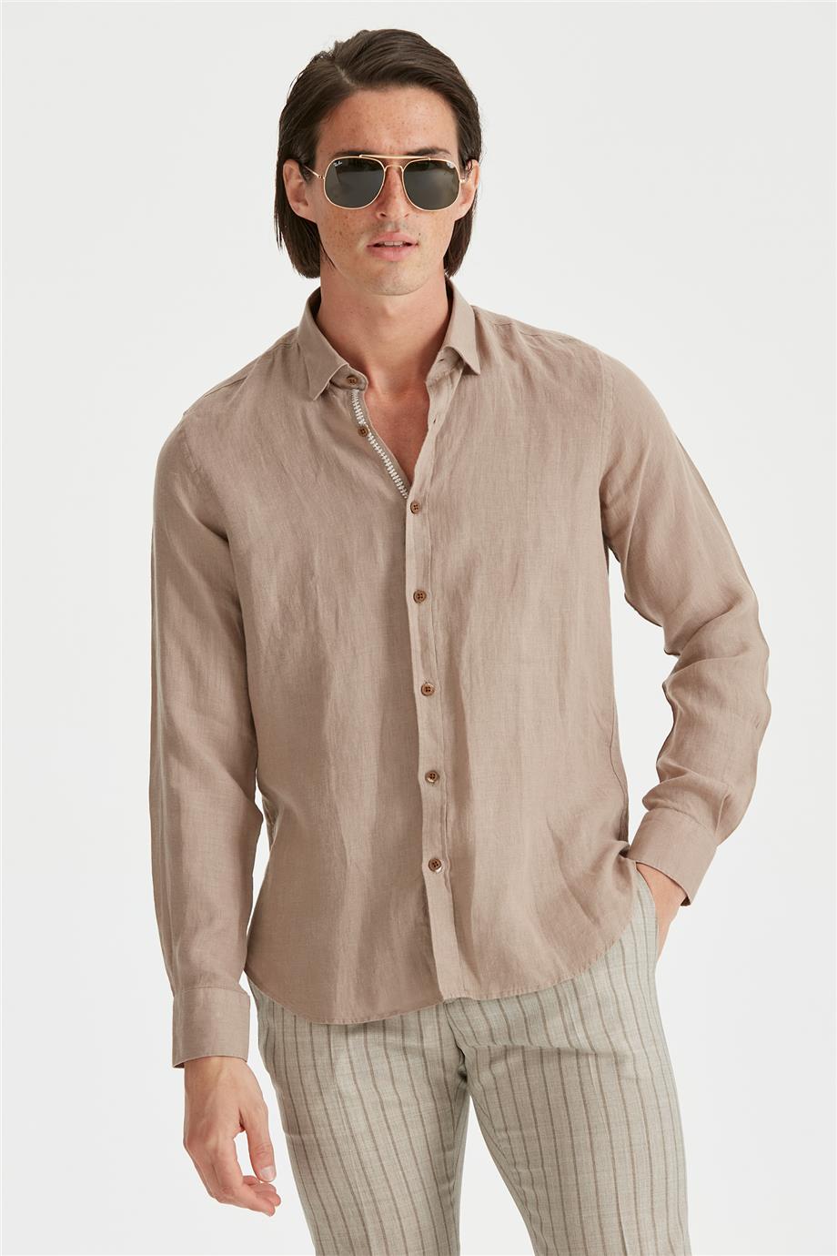 Kahverengi Erkek Keten Gömlek - Image 3