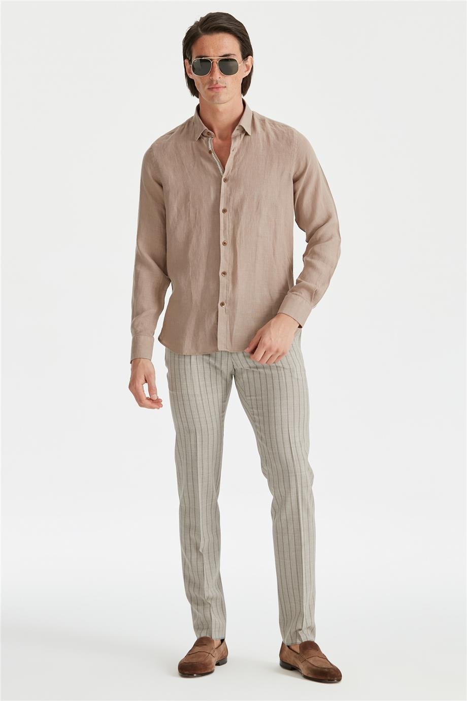Kahverengi Erkek Keten Gömlek - Image 1
