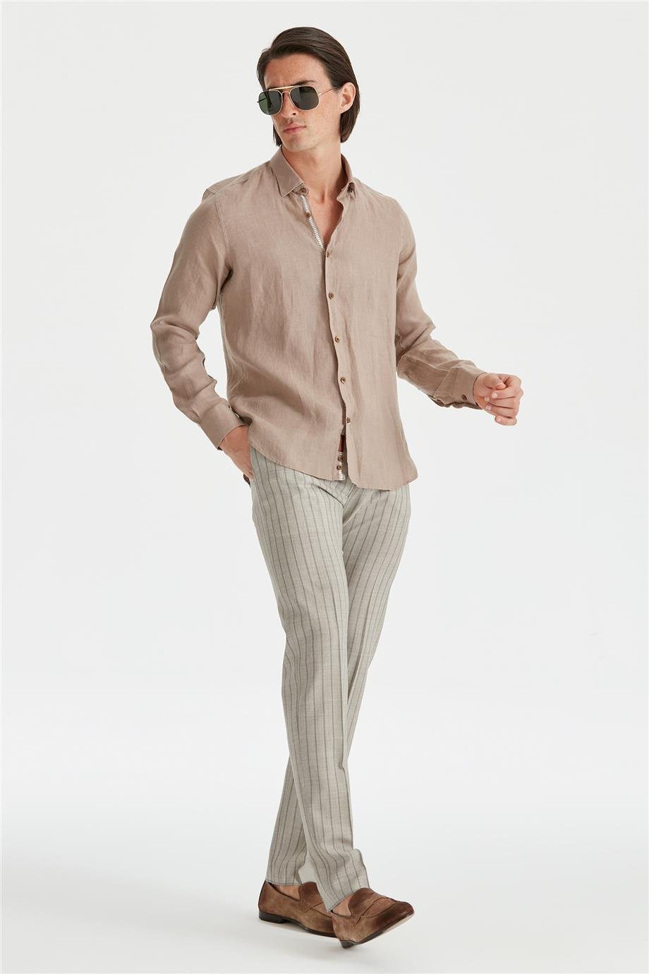 Kahverengi Erkek Keten Gömlek - Image 2