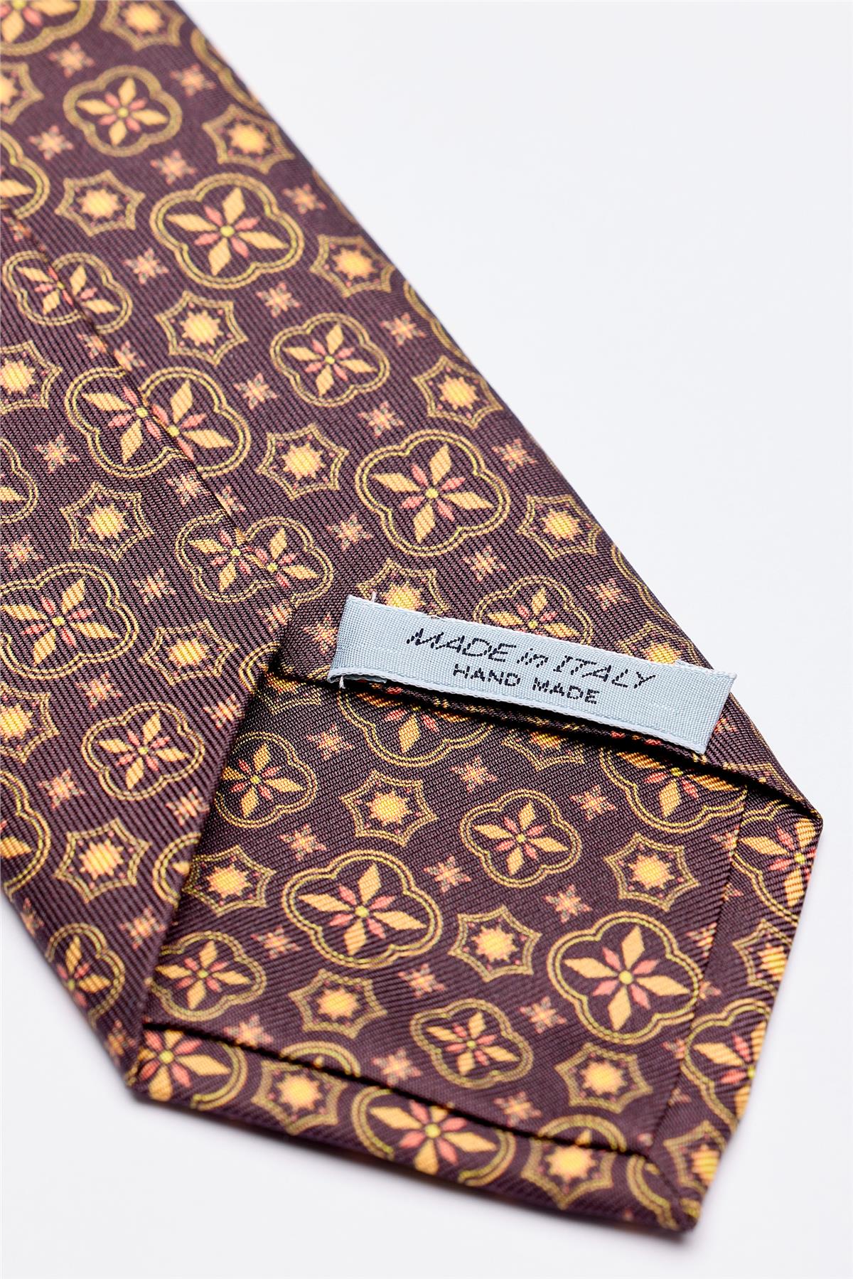 Kahverengi Hardal Desenli 7 Fold İpek Kravat - Image 4