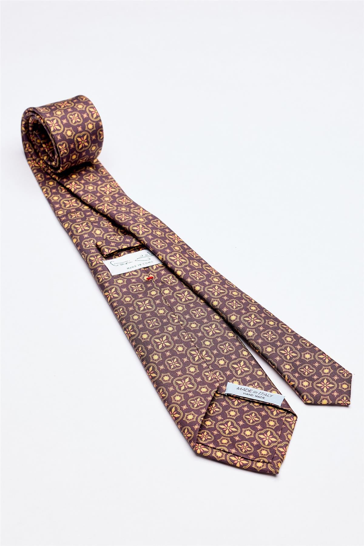 Kahverengi Hardal Desenli 7 Fold İpek Kravat - Image 2